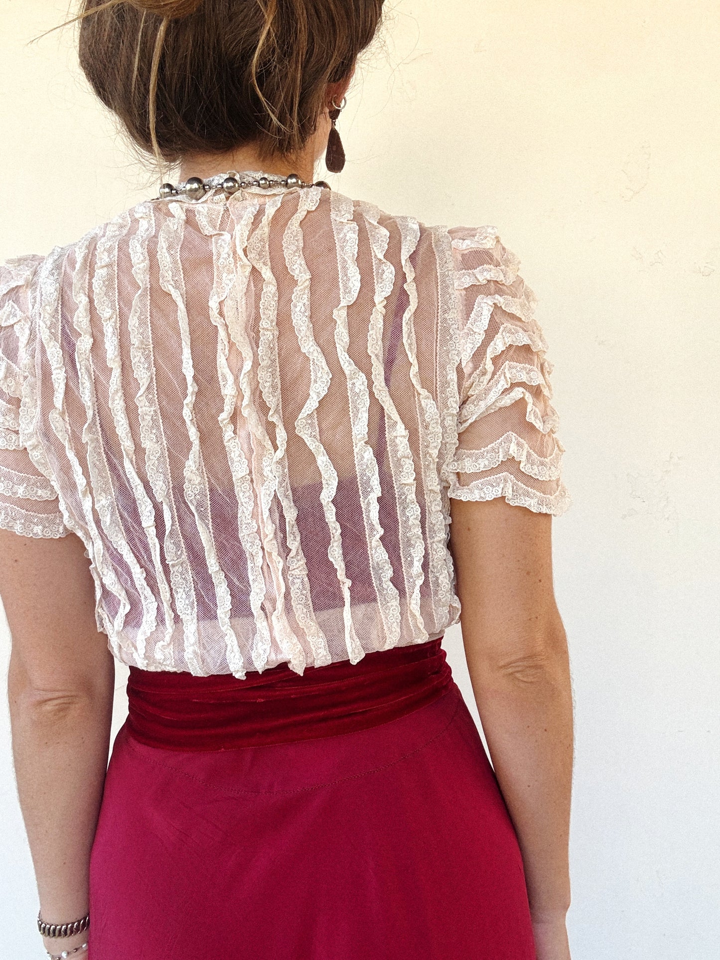 1930s/40s Blossom Pink Net + Lace Babydoll Blouse- S/M