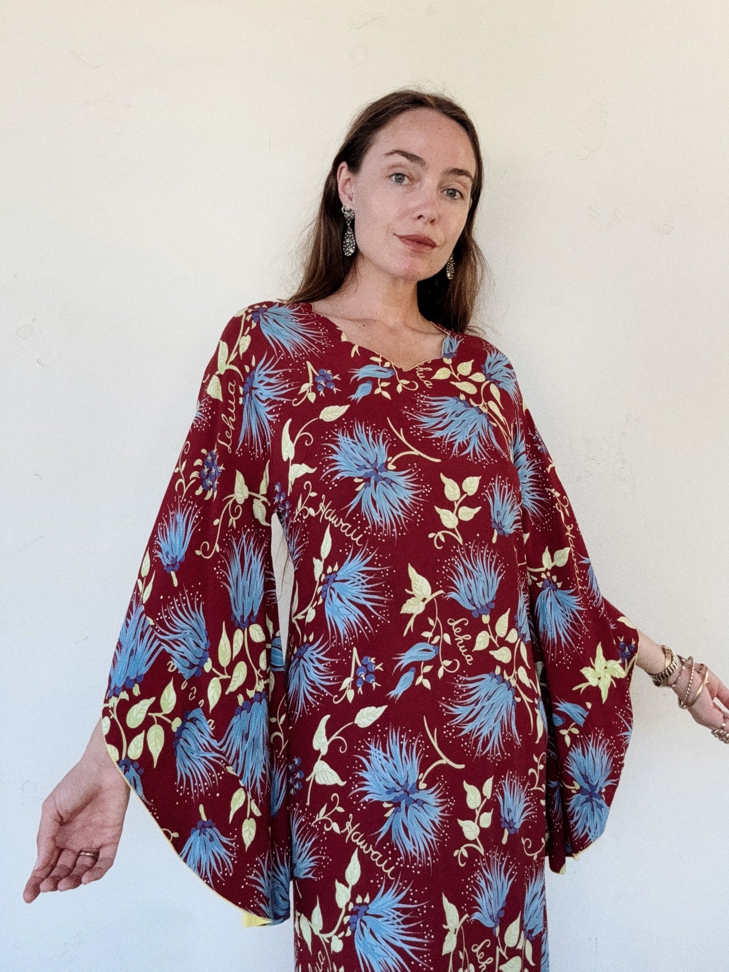 1940s Burgundy + Chartreuse Rayon Hawaiian Dress w/ Angel Sleeves- M