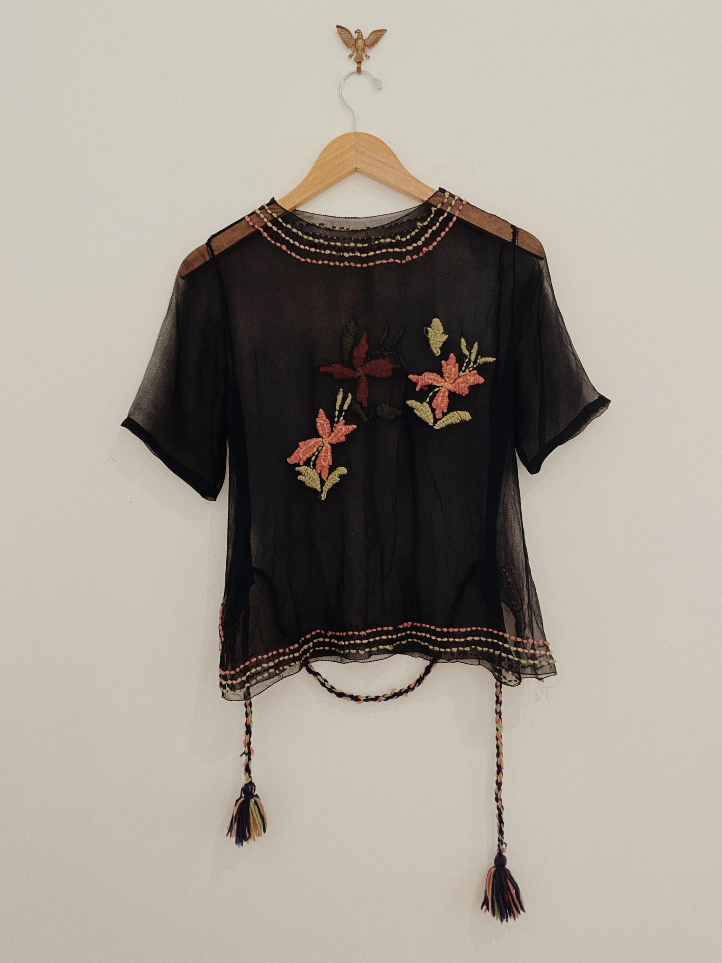1920s Black Chiffon Top W/ Floral Embroidery- S/M