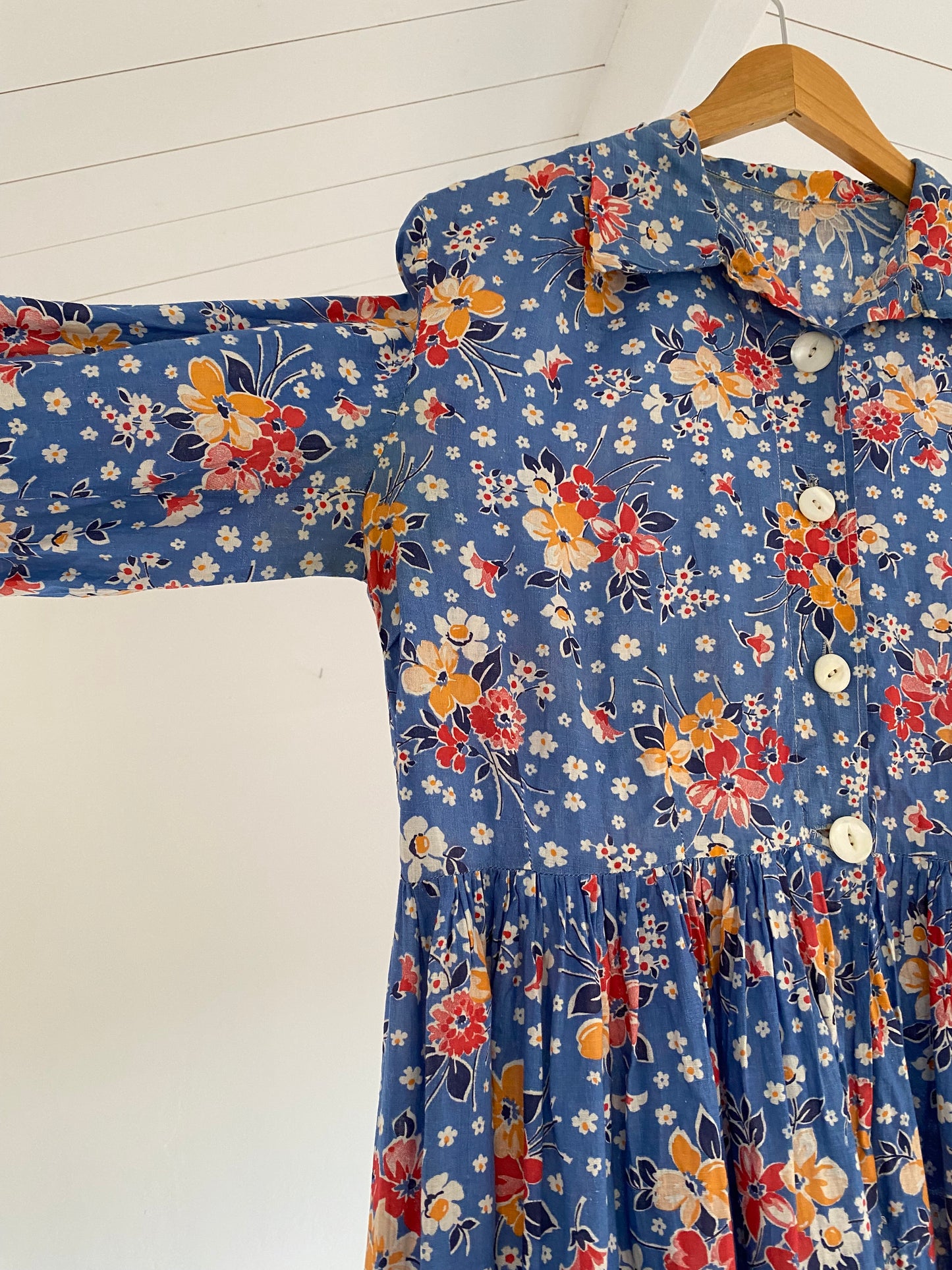 1930s/40s Blue Cotton Floral Maxi Feedsack Dress- M/L