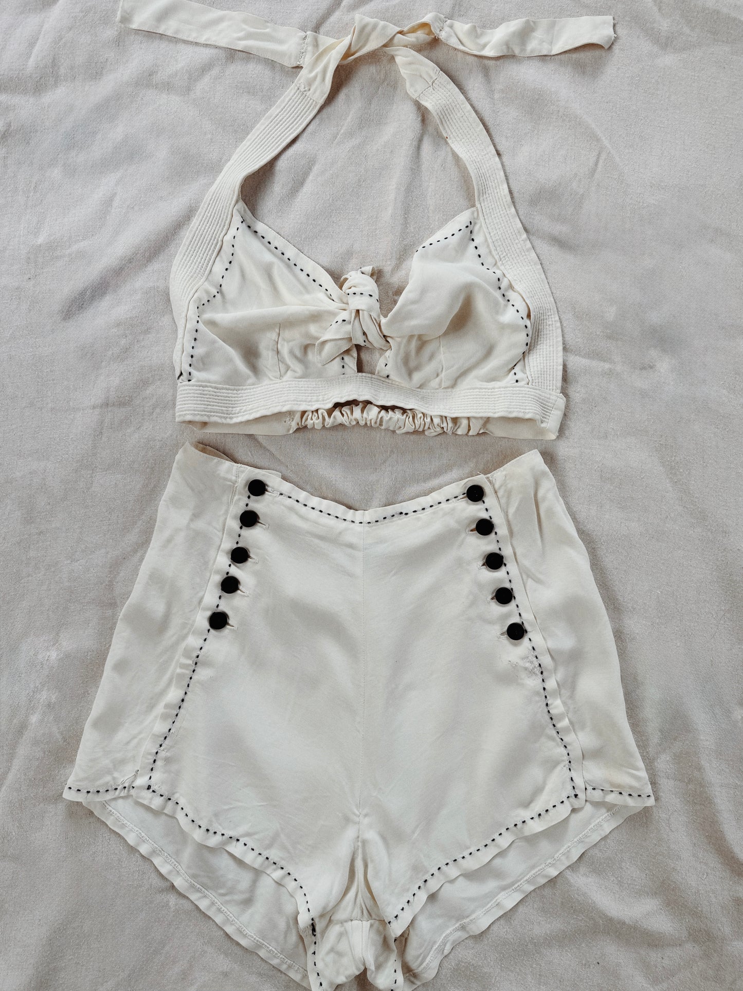 1940s White Sailcloth Playsuit w/ Black Embroidered Trim- M