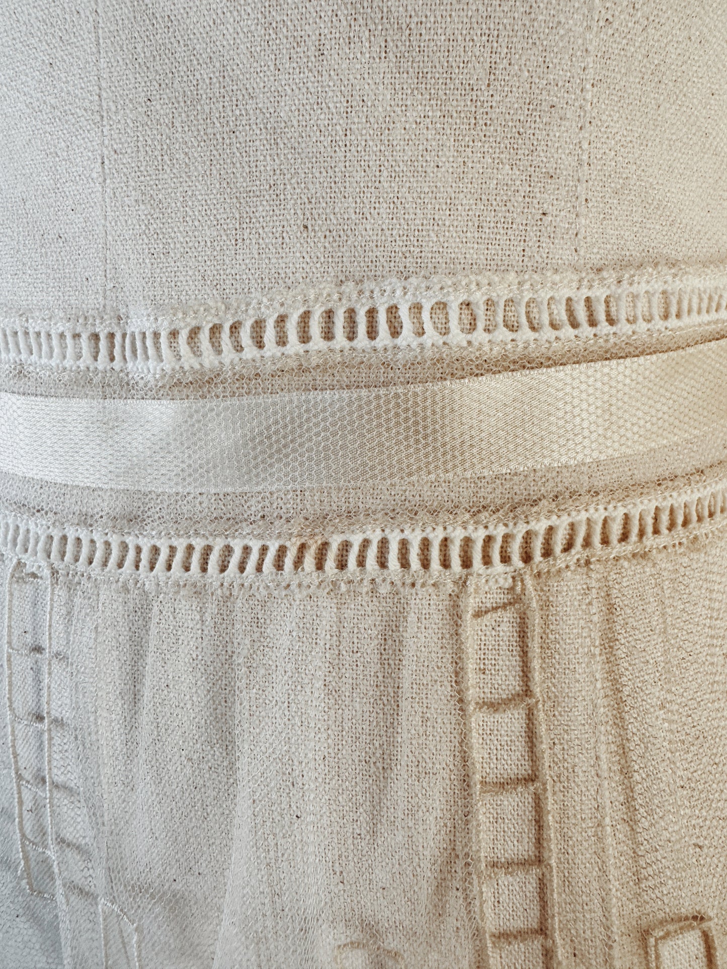 1930s White Net + Lace Dress w/ Silk Ribbon- XS/S