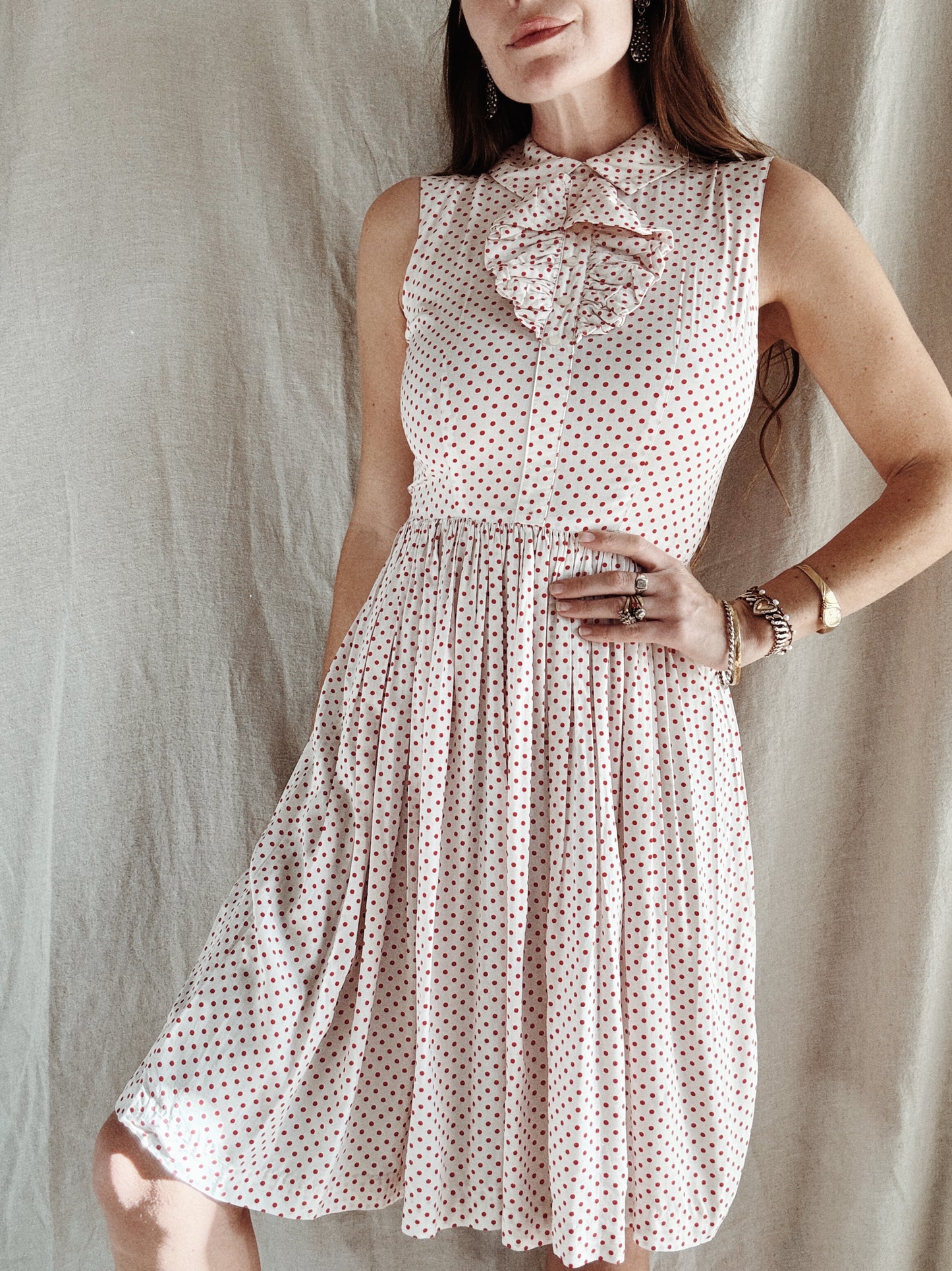 1940s/50s Cold Rayon White + Red Polka Dot Day Dress- S
