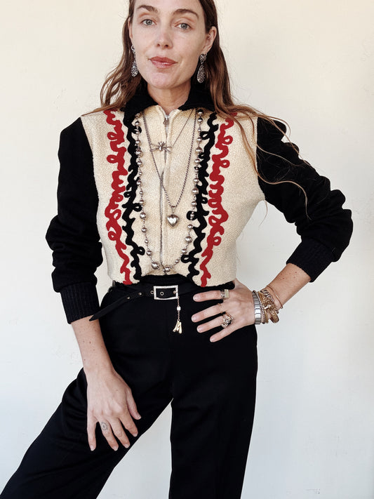 1930s Bouclé + Chenille Cropped Jacket w/ Zipper Front- M