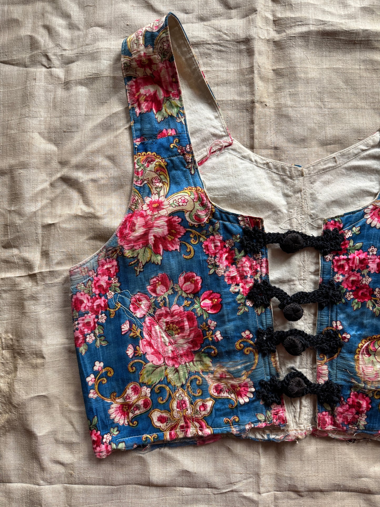 Antique Eastern European Silk Rose Folk Bodice Vest- S/M