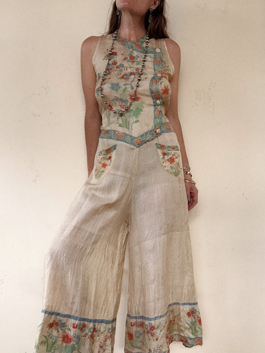 1920s Pongee Silk Palazzo Beach Pajamas- S/M