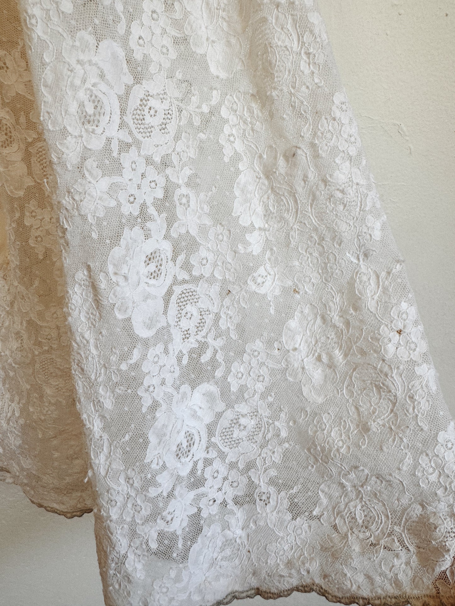 1940s/50s Ultra Pure White Lace + Silk Slip Dress w/ Pale Blue Flowers- S-M