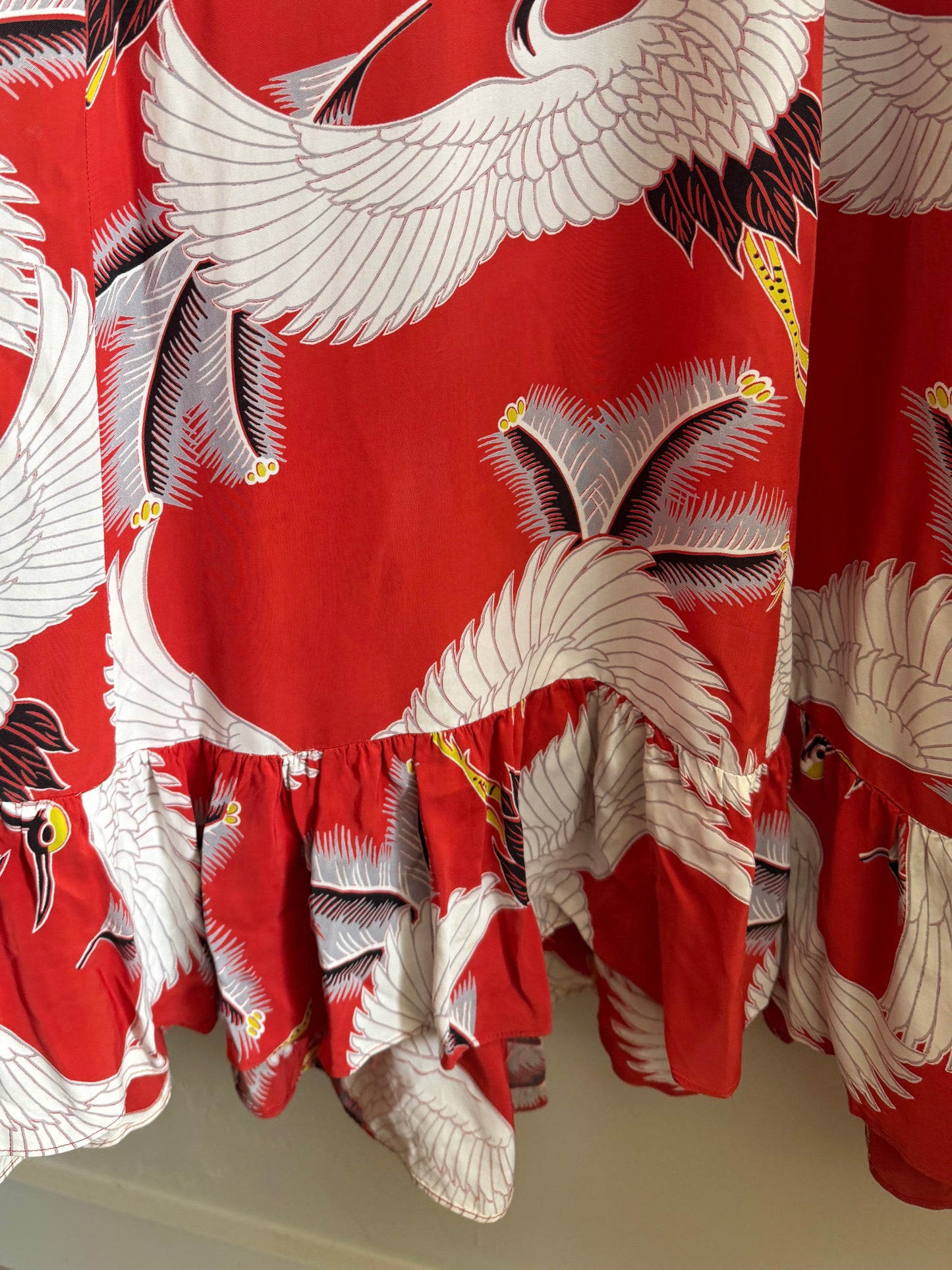 1940s Rare Red Crane Hawaiian Cold Rayon Dress- L