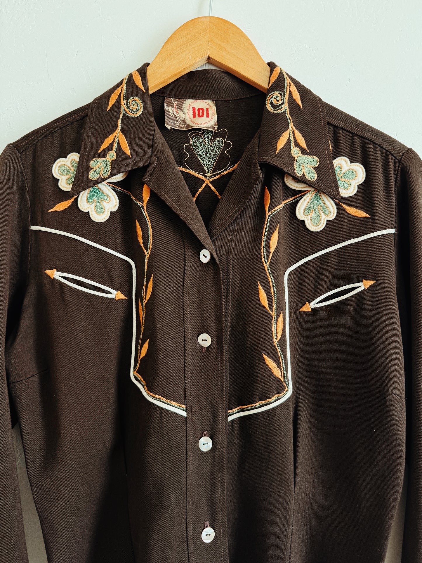 1940s/50s Chocolate Western Blouse w/ Orange + Mint Chain Stitching- M