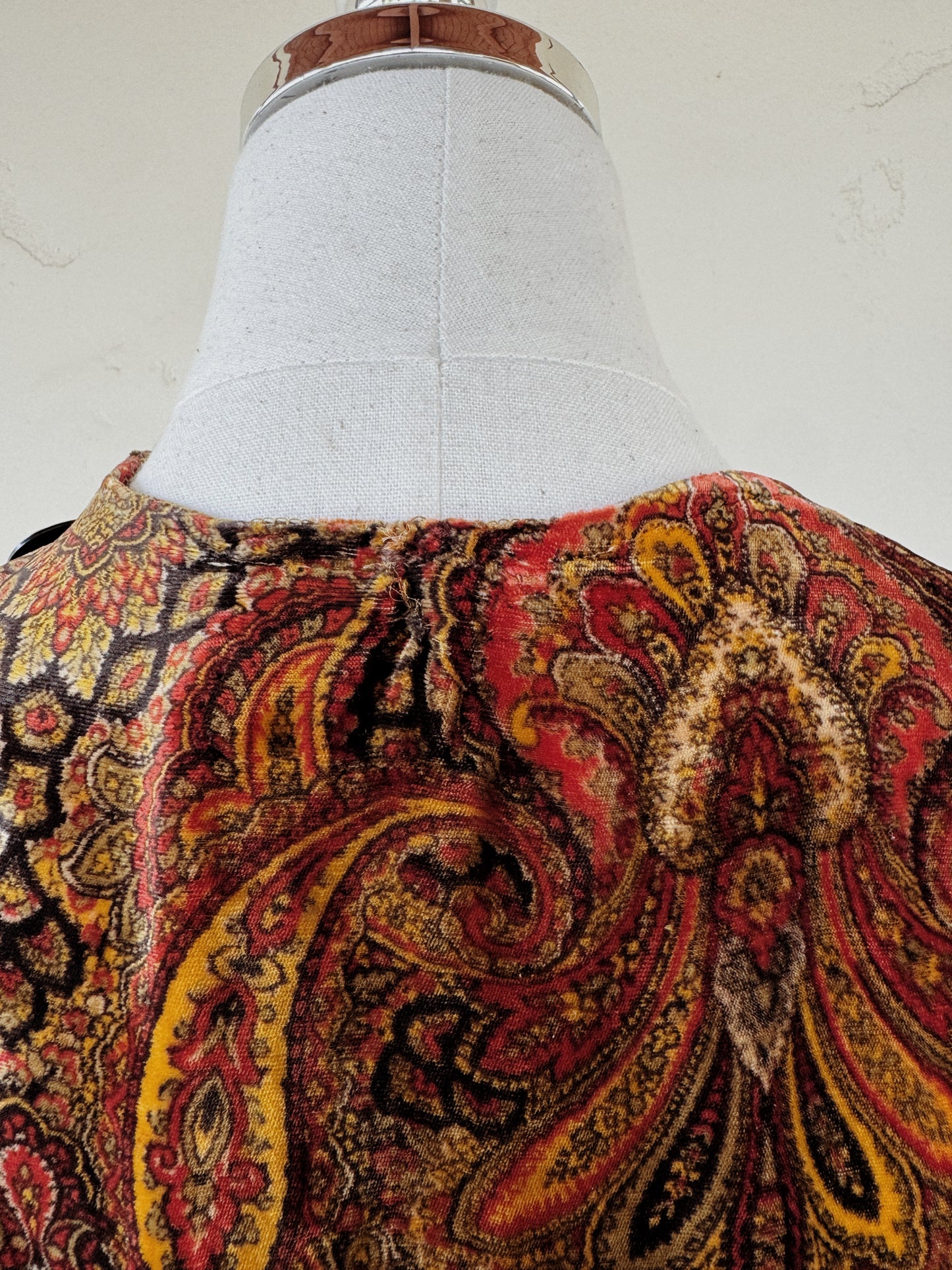 1930s Paisley Silk Velvet Jacket w/ Large Celluloid Button- S/M
