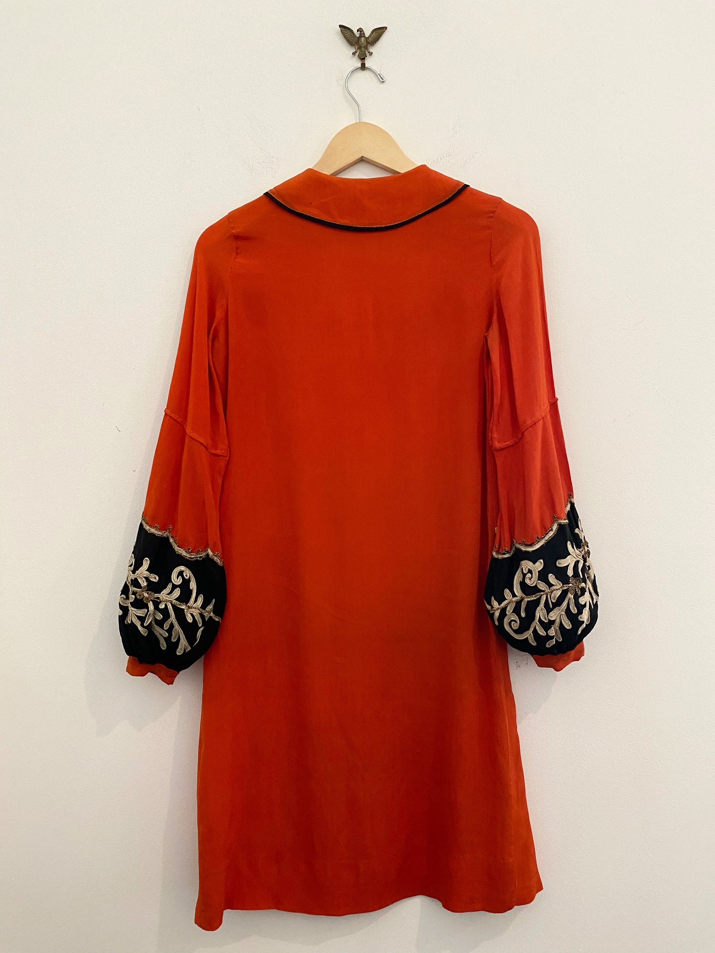 1920s Carnelian Silk Crepe Soutache Dress w/ Bishop Sleeves- XS/S