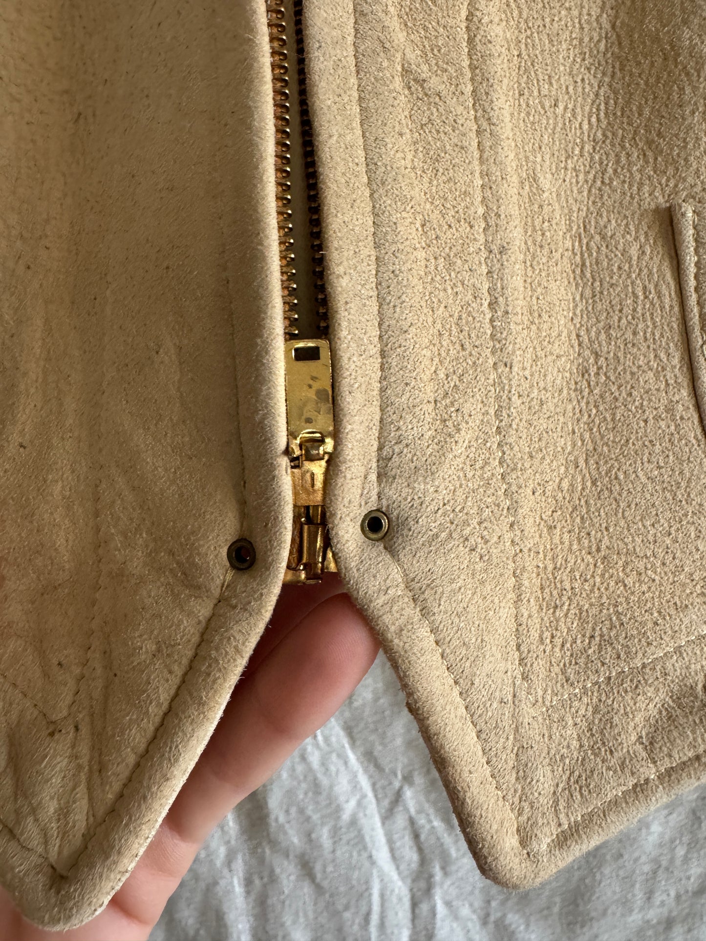 1930s Cropped Sand Suede Vest w/ Brass Talon Grommet Zip + Side Cinches- S