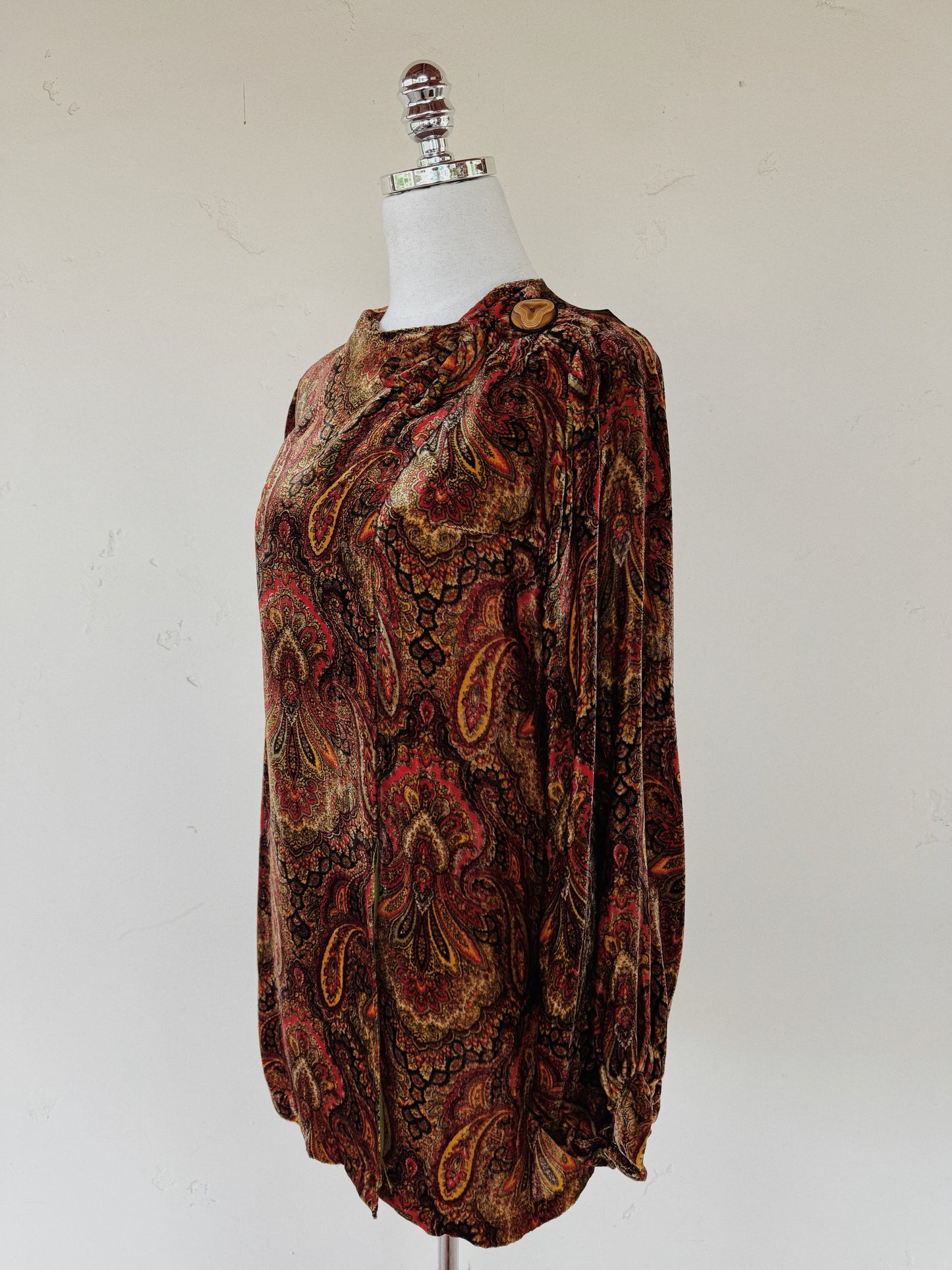 1930s Paisley Silk Velvet Jacket w/ Large Celluloid Button- S/M