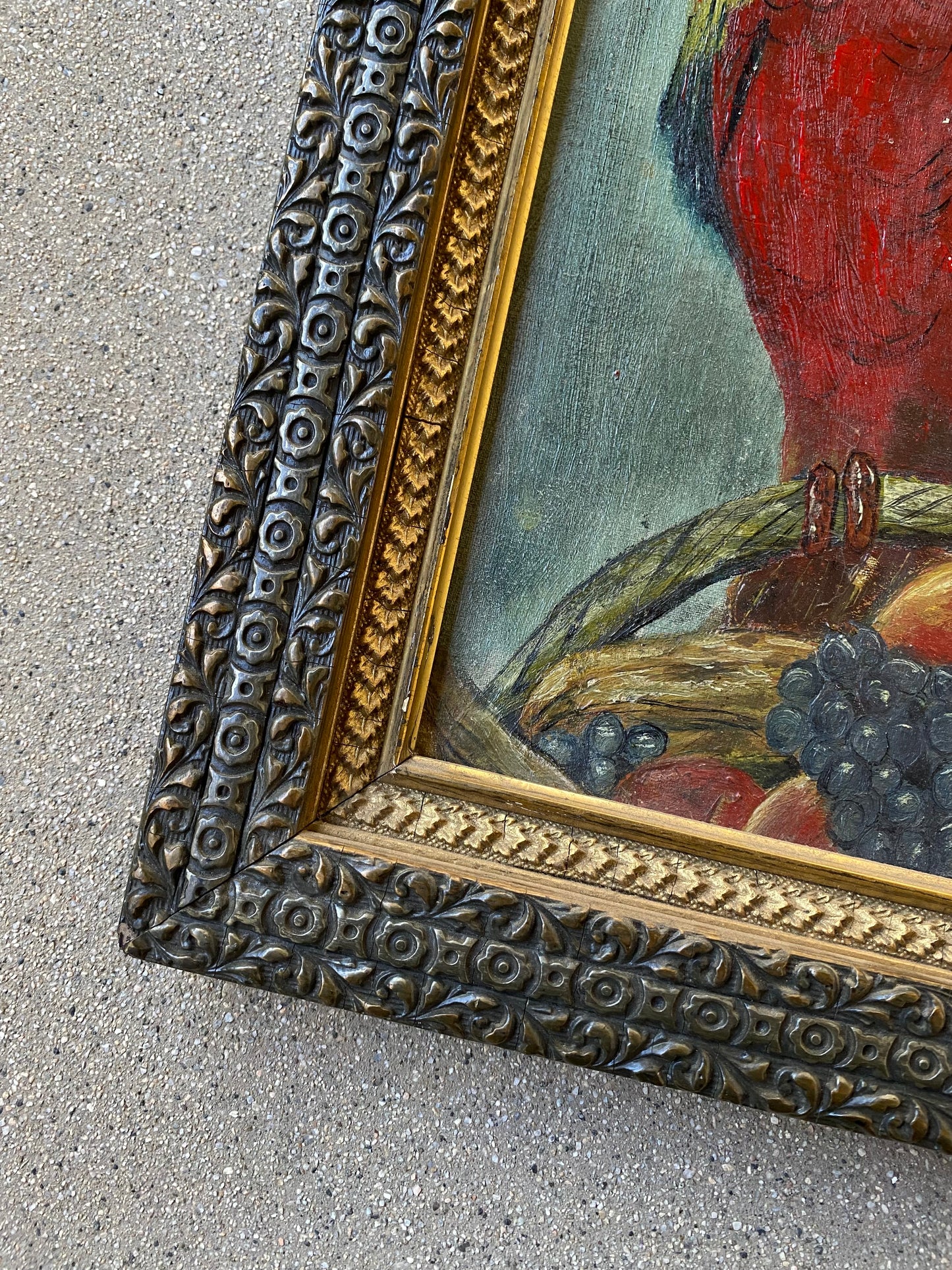 Antique Oil Painting of Parrots in Gilt Frame, Dated 1919- 16 x 18”