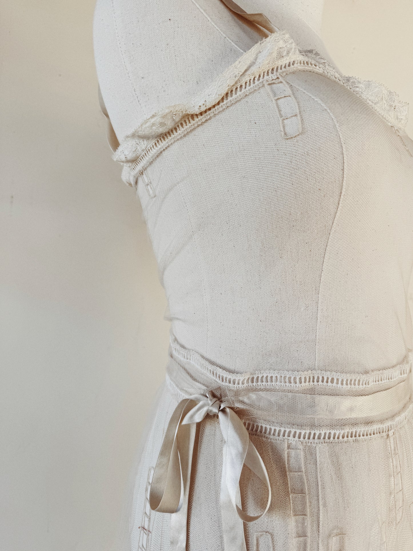 1930s White Net + Lace Dress w/ Silk Ribbon- XS/S