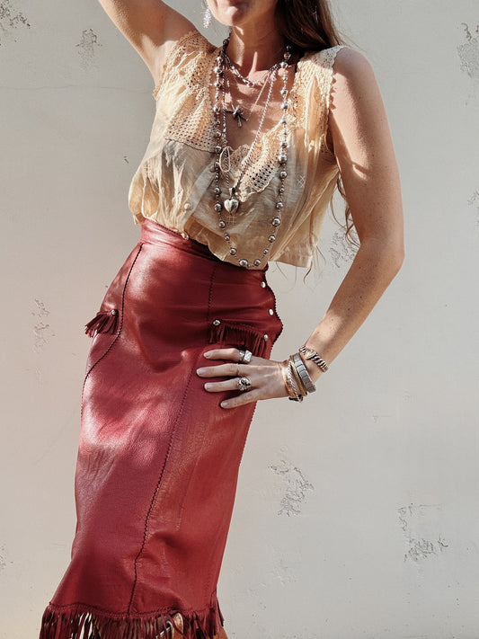 1930s/40s Western Oxblood Red Leather Fringe Cowgirl Skirt- S