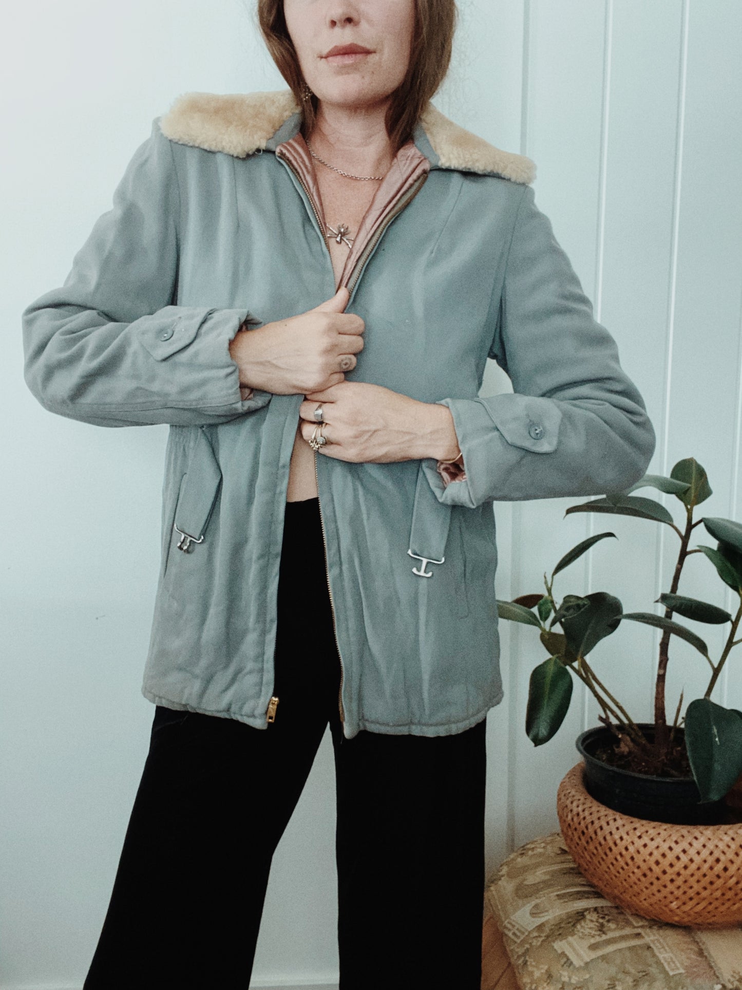 1940s Grey Gabardine Car Jacket w/ Fur Collar- M/L