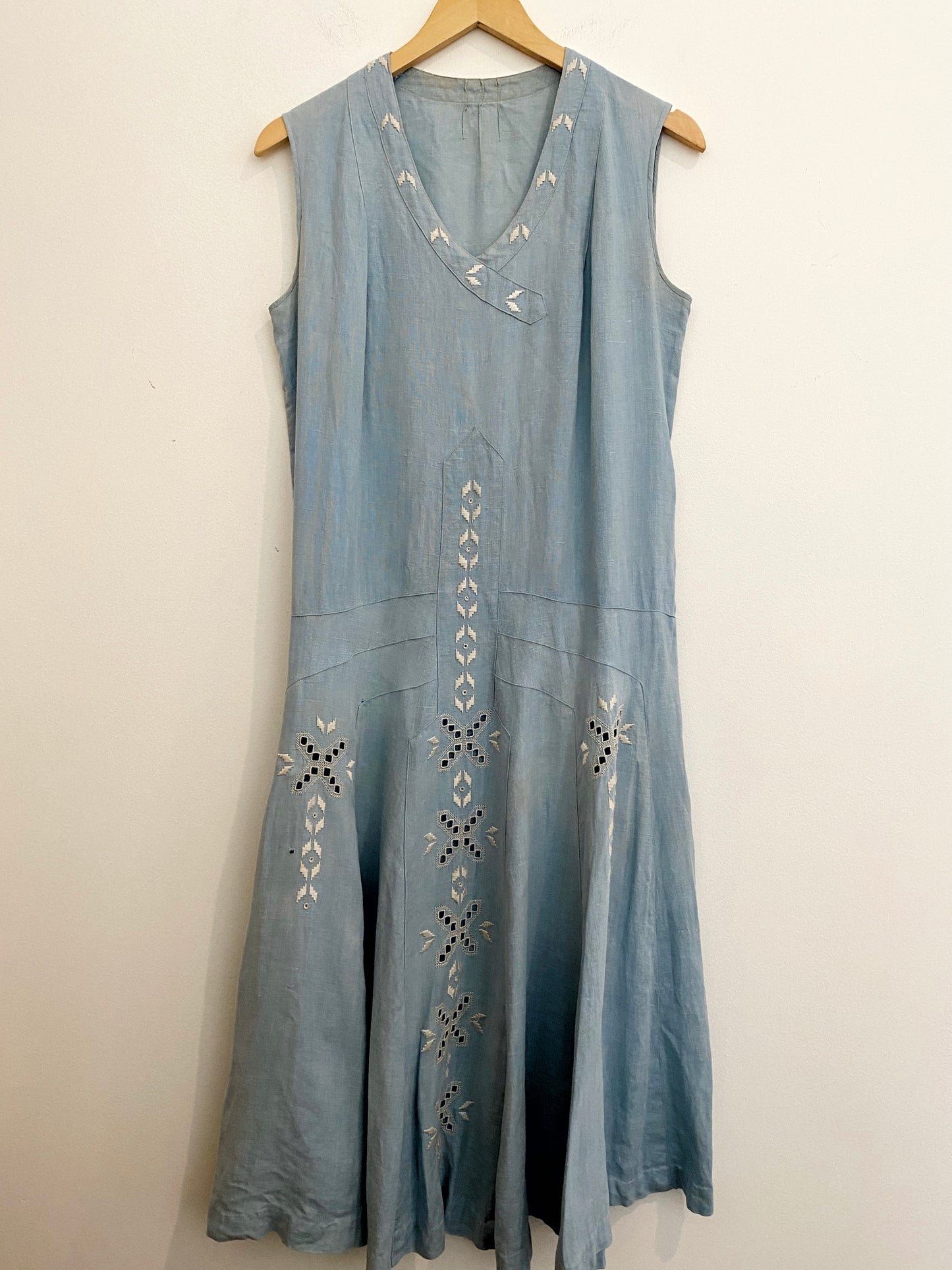 1920s Pale Blue Embroidered Linen Drop Waist Dress- M/L