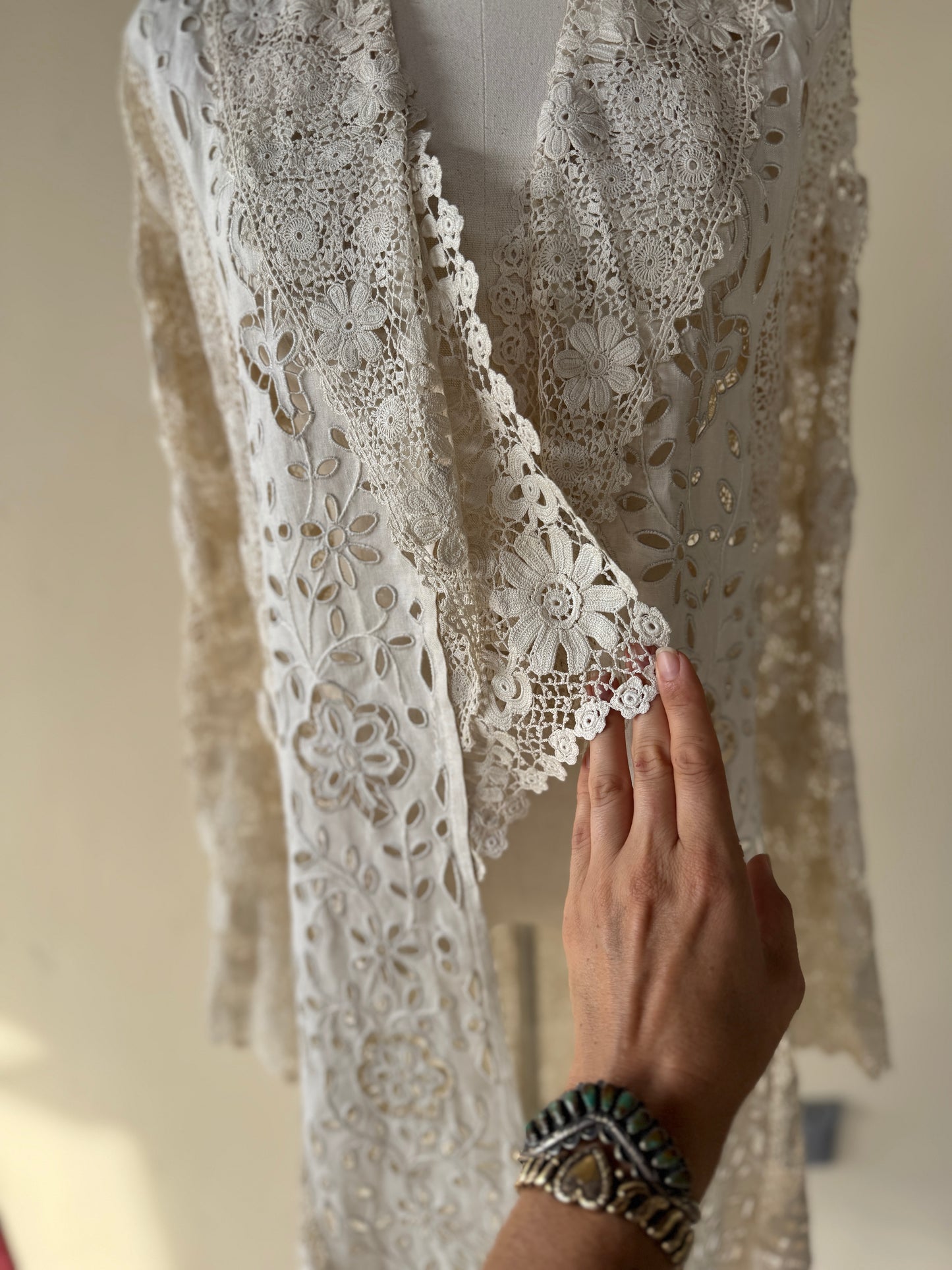 Rare Edwardian Irish Crochet Duster Coat w/ Pom Poms- M