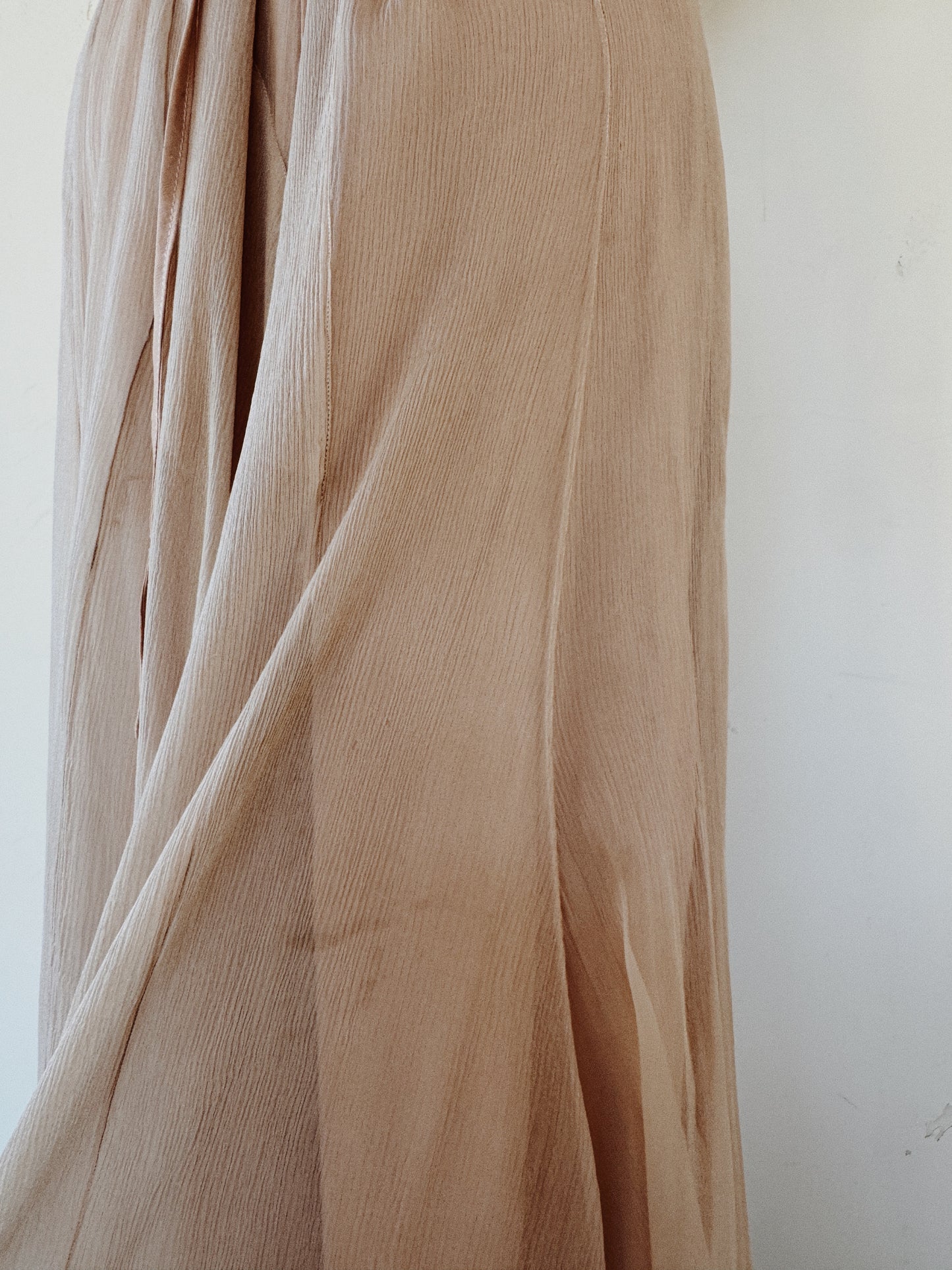 1930s Champagne Crinkle Silk Chiffon Dress w/ Lace Appliqué- S/M