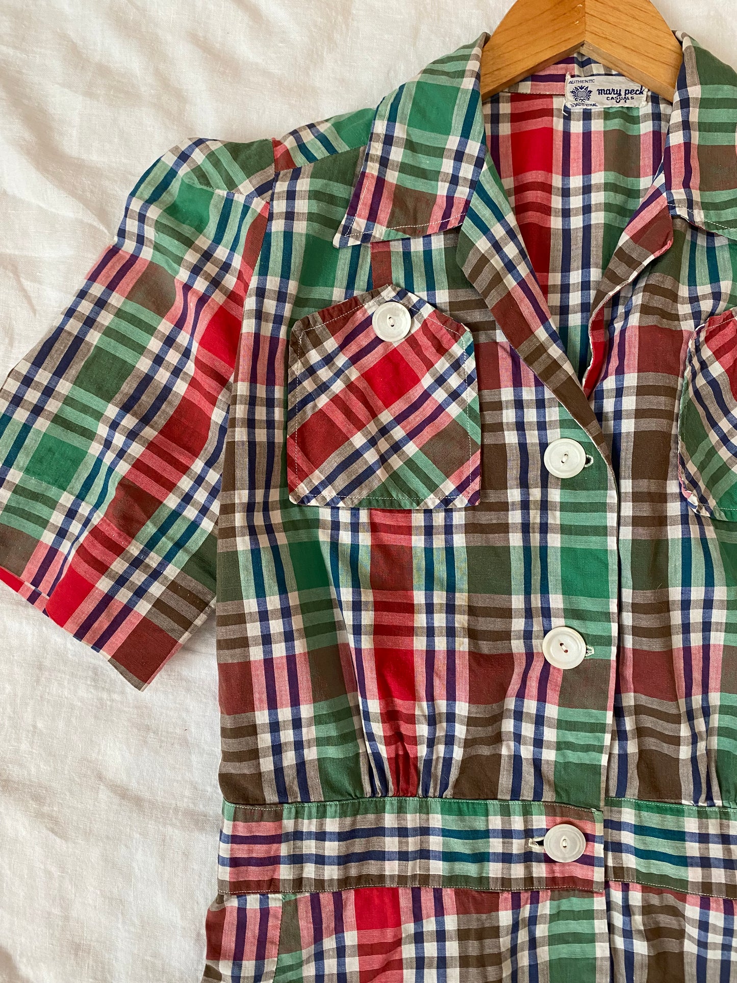 1940s Plaid Peplum Blouse w/ Puffed Shoulders- M/L