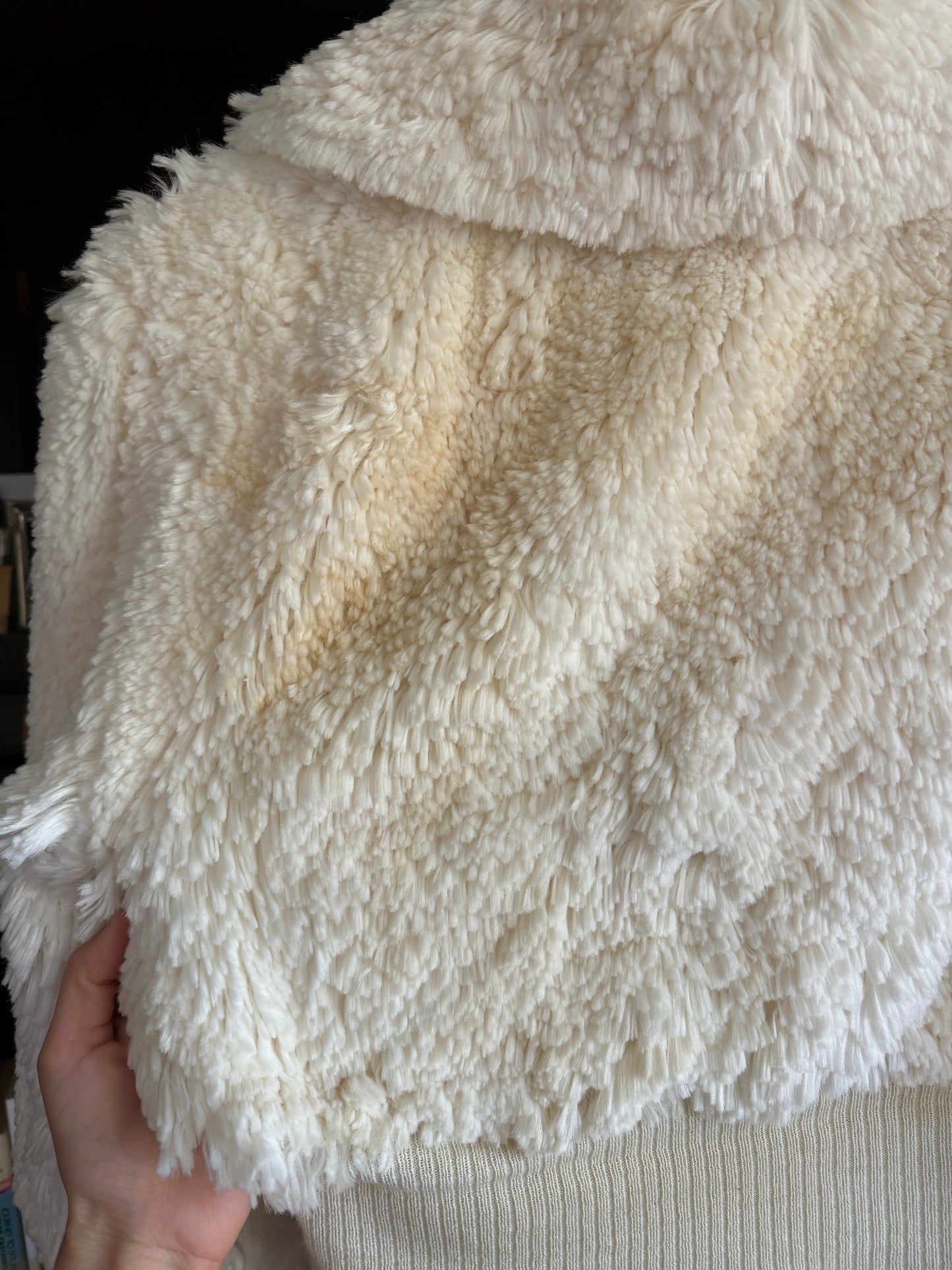 1970s White Cropped Faux Fur Jacket w/ Mutton Sleeves- M/L