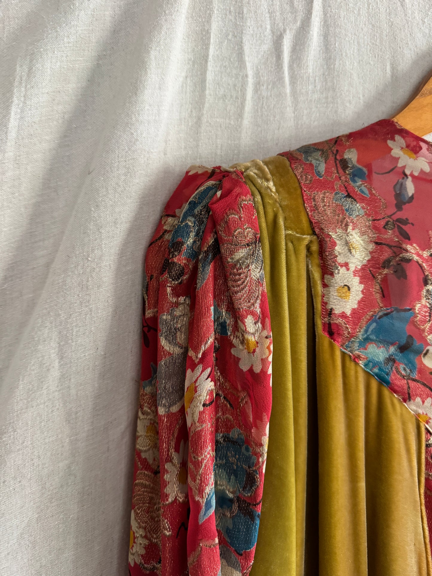 1930s Medieval Golden Velvet + Red Floral Lamé Gown- S/M