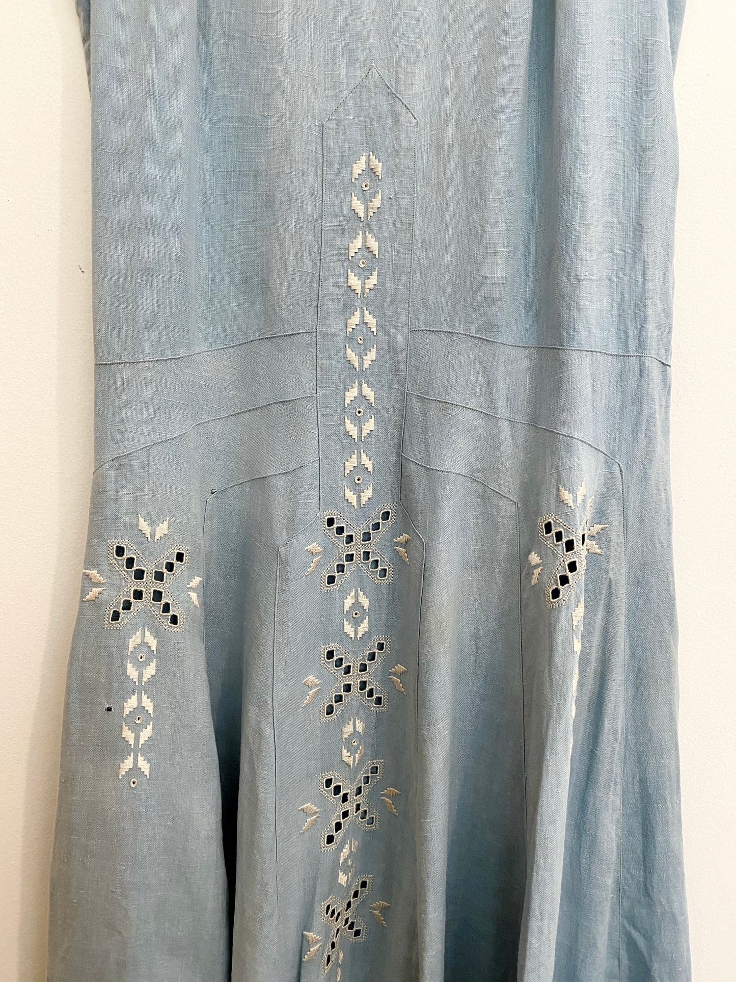1920s Pale Blue Embroidered Linen Drop Waist Dress- M/L