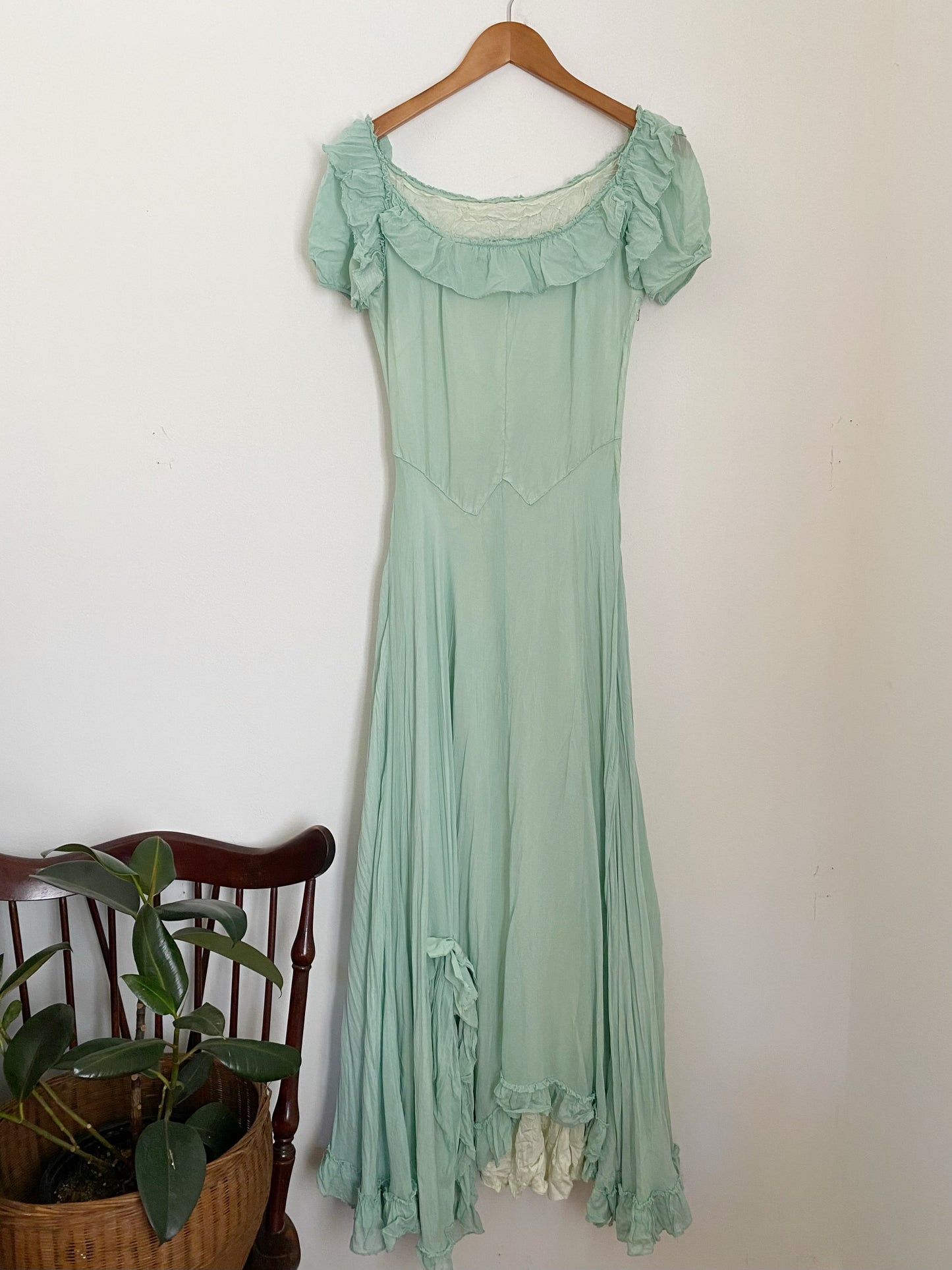 1940s Minty Chiffon Ruffled Gown- 5/6