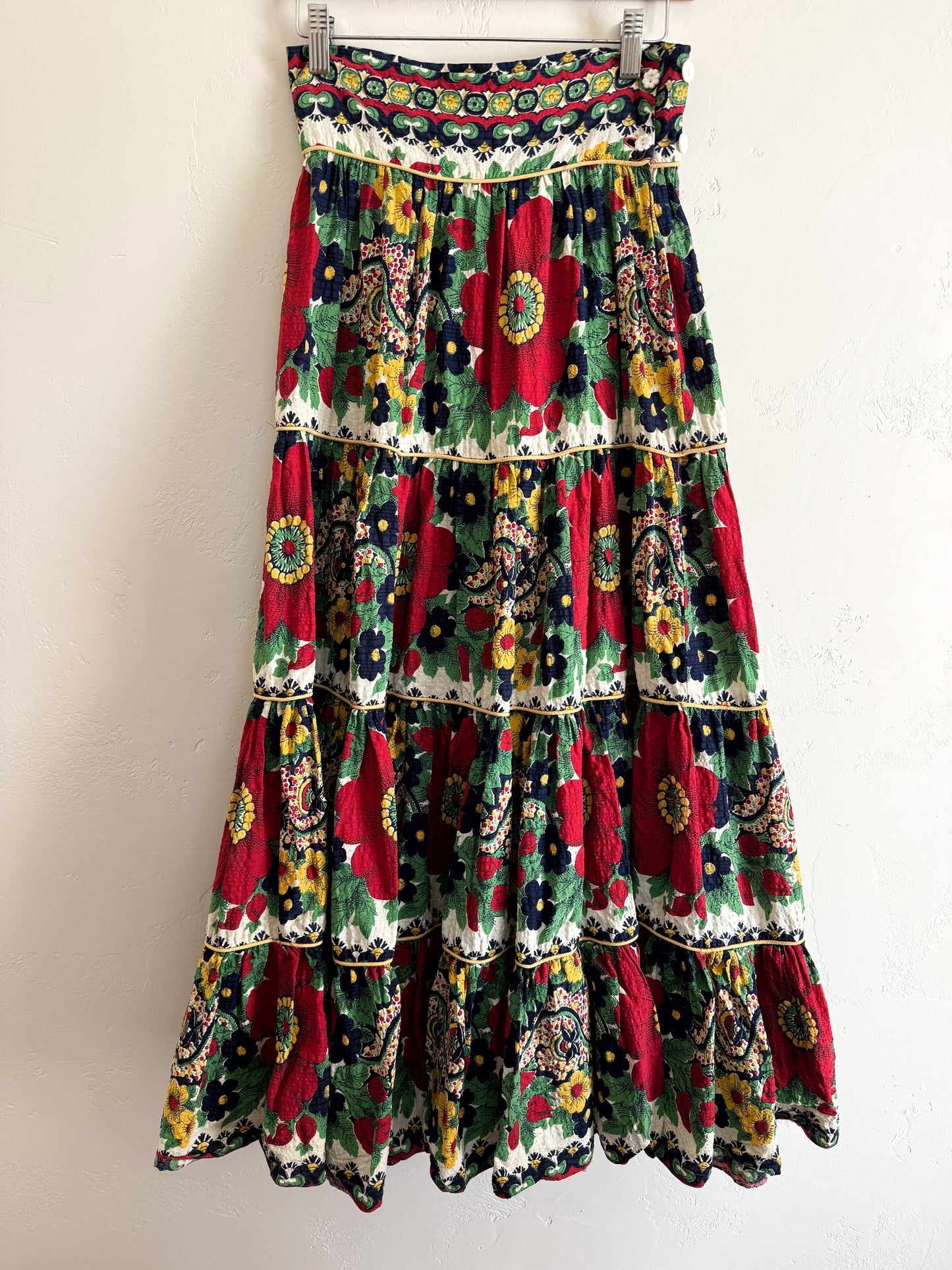 1940s Red + Navy Floral Seersucker Maxi Skirt- S/M