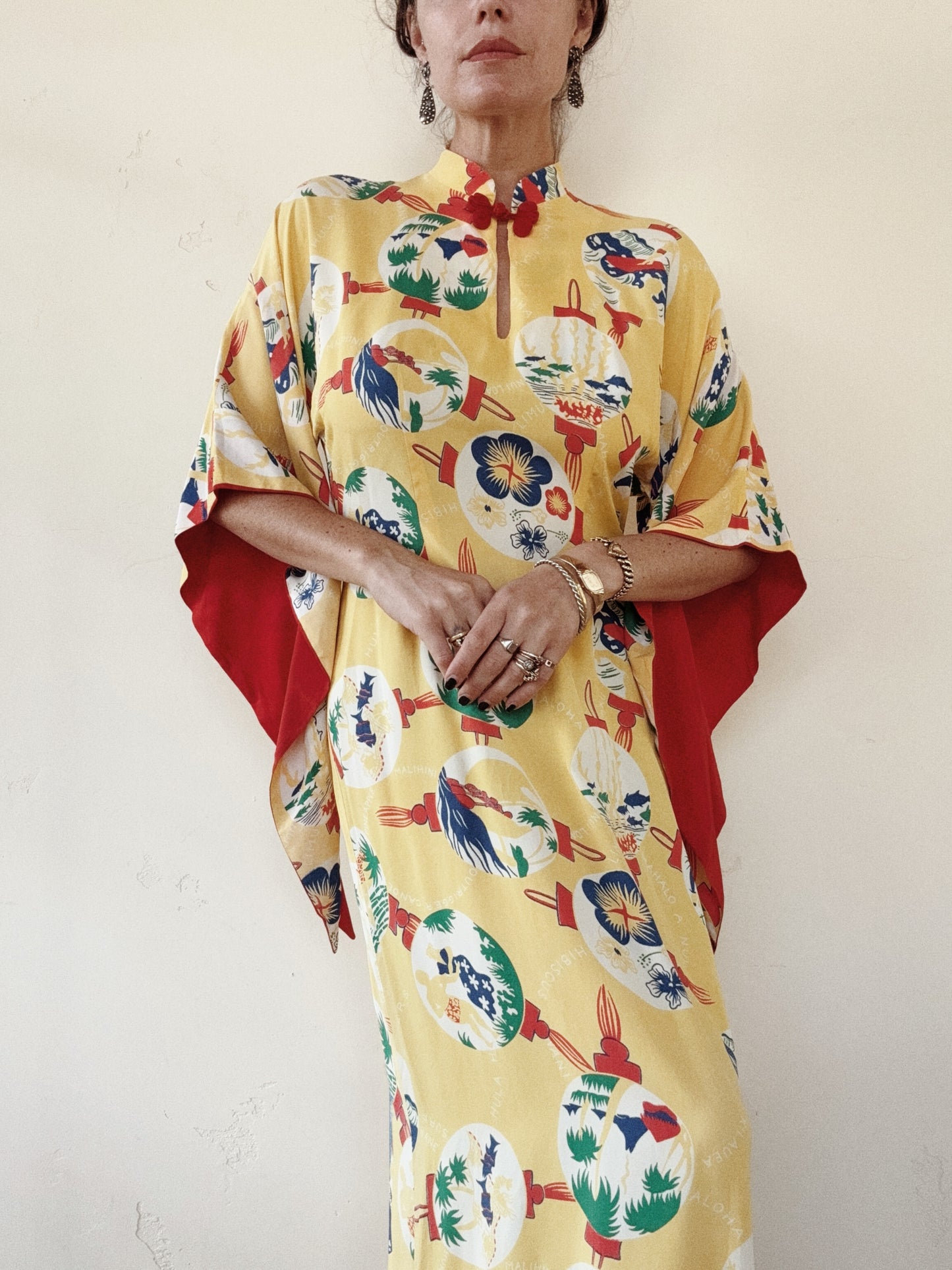 1940s Yellow Cold Rayon Hawaiian Pake Muu Dress- M/L