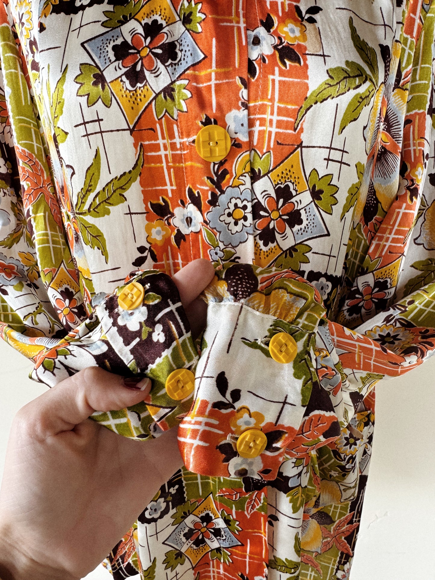 1940s Chartreuse + Orange Passionflower Satin Smock Jacket