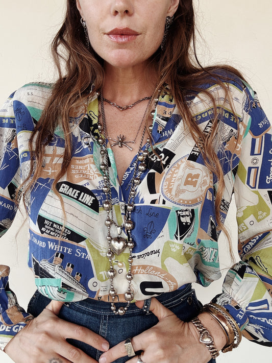 1940s Rare Novelty Travel Print Silk Blouse- S/M-M