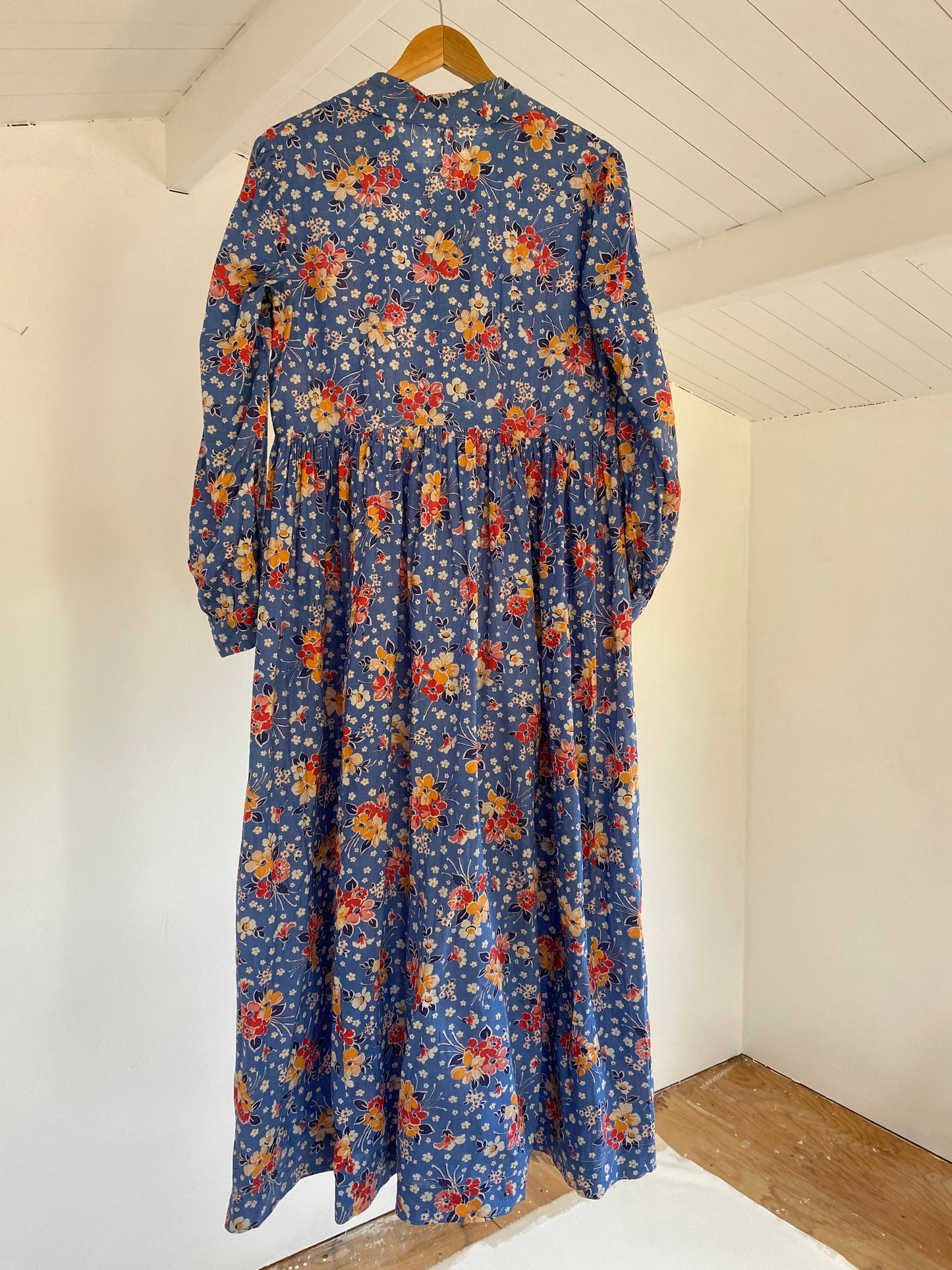 1930s/40s Blue Cotton Floral Maxi Feedsack Dress- M/L