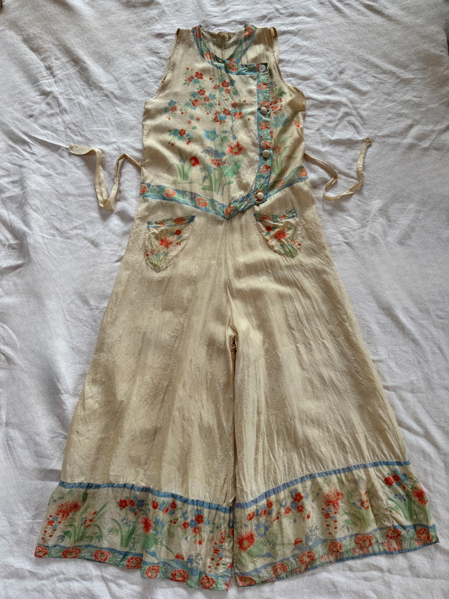 1920s Pongee Silk Palazzo Beach Pajamas- S/M
