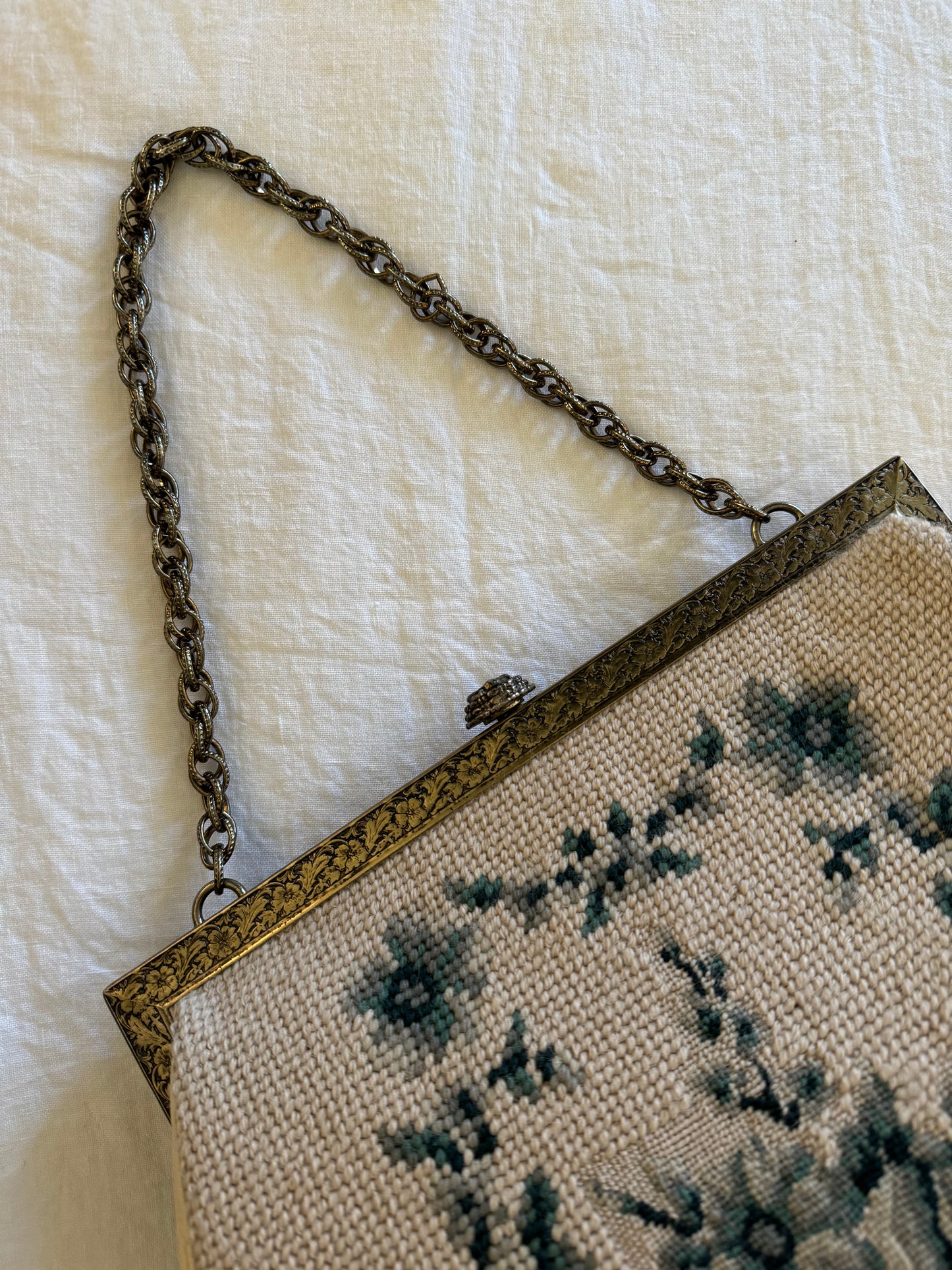 1960s Creme + Blue Green Large Needlepoint Handbag