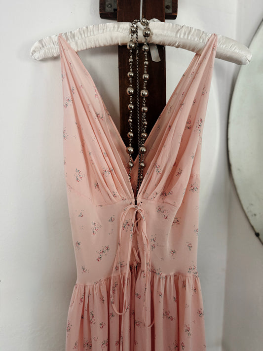 1930s Exquisite Corset Silk Crepe Slip Dress w/ Rose Print- XS-S