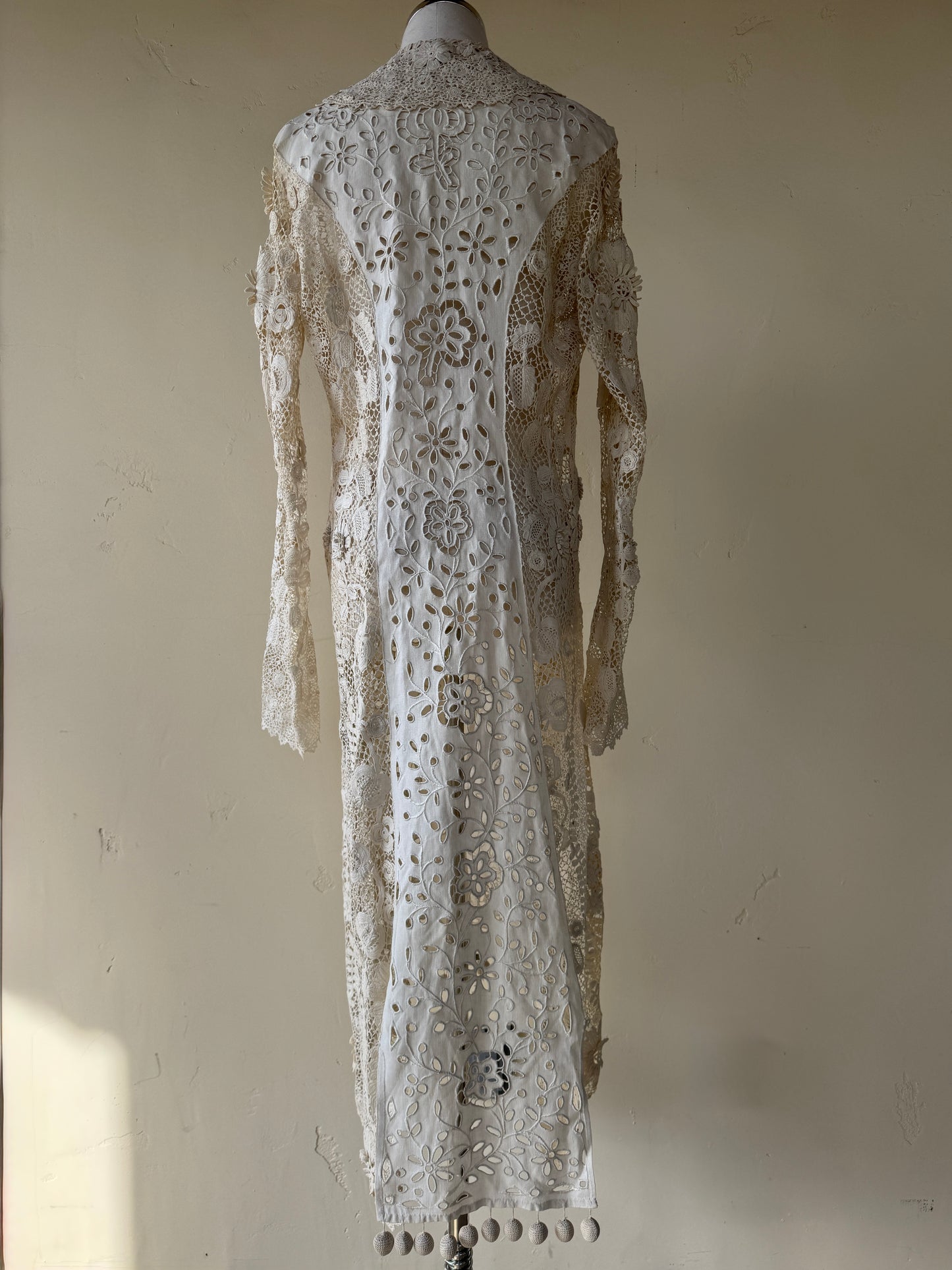 Rare Edwardian Irish Crochet Duster Coat w/ Pom Poms- M