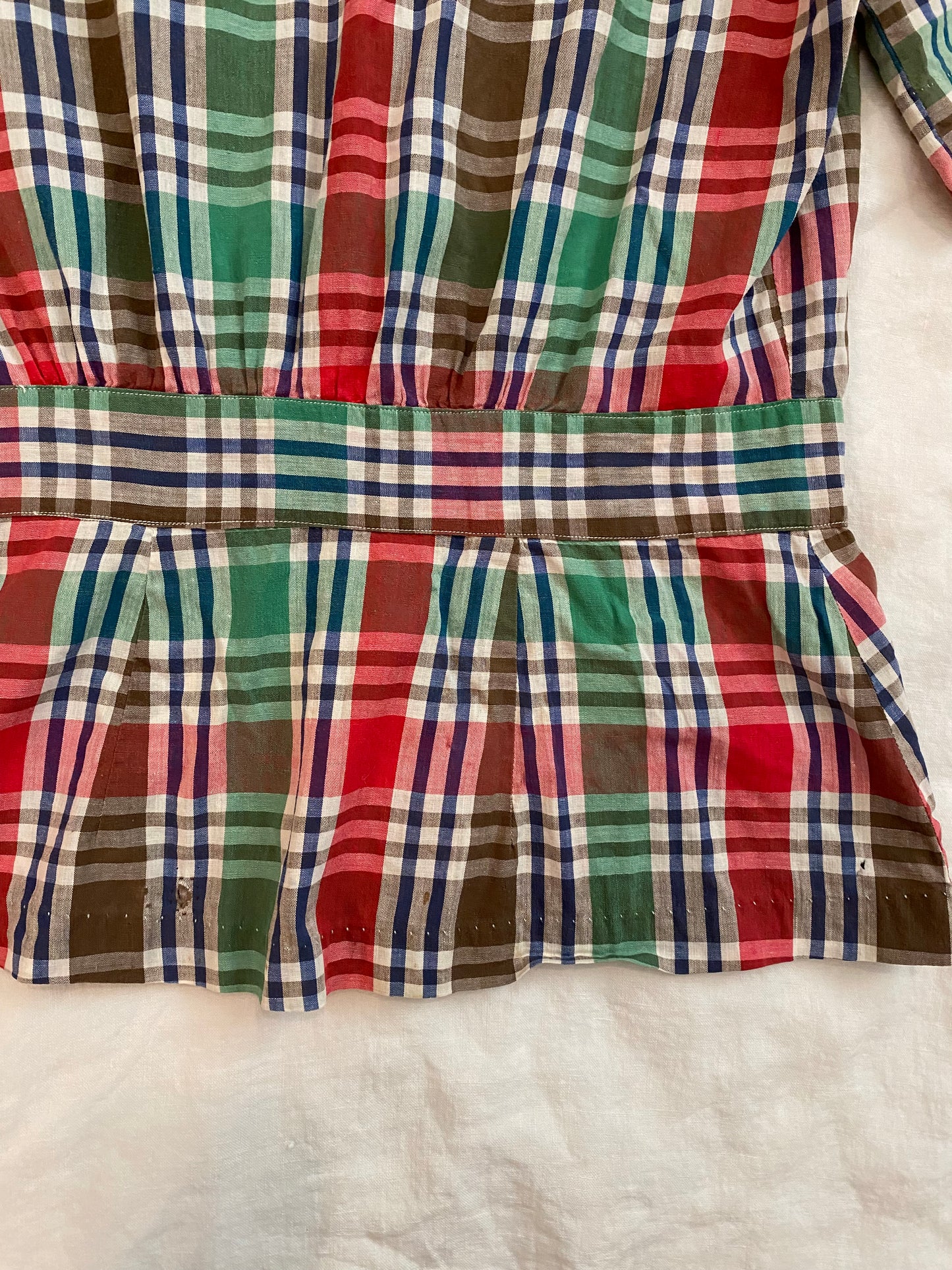 1940s Plaid Peplum Blouse w/ Puffed Shoulders- M/L