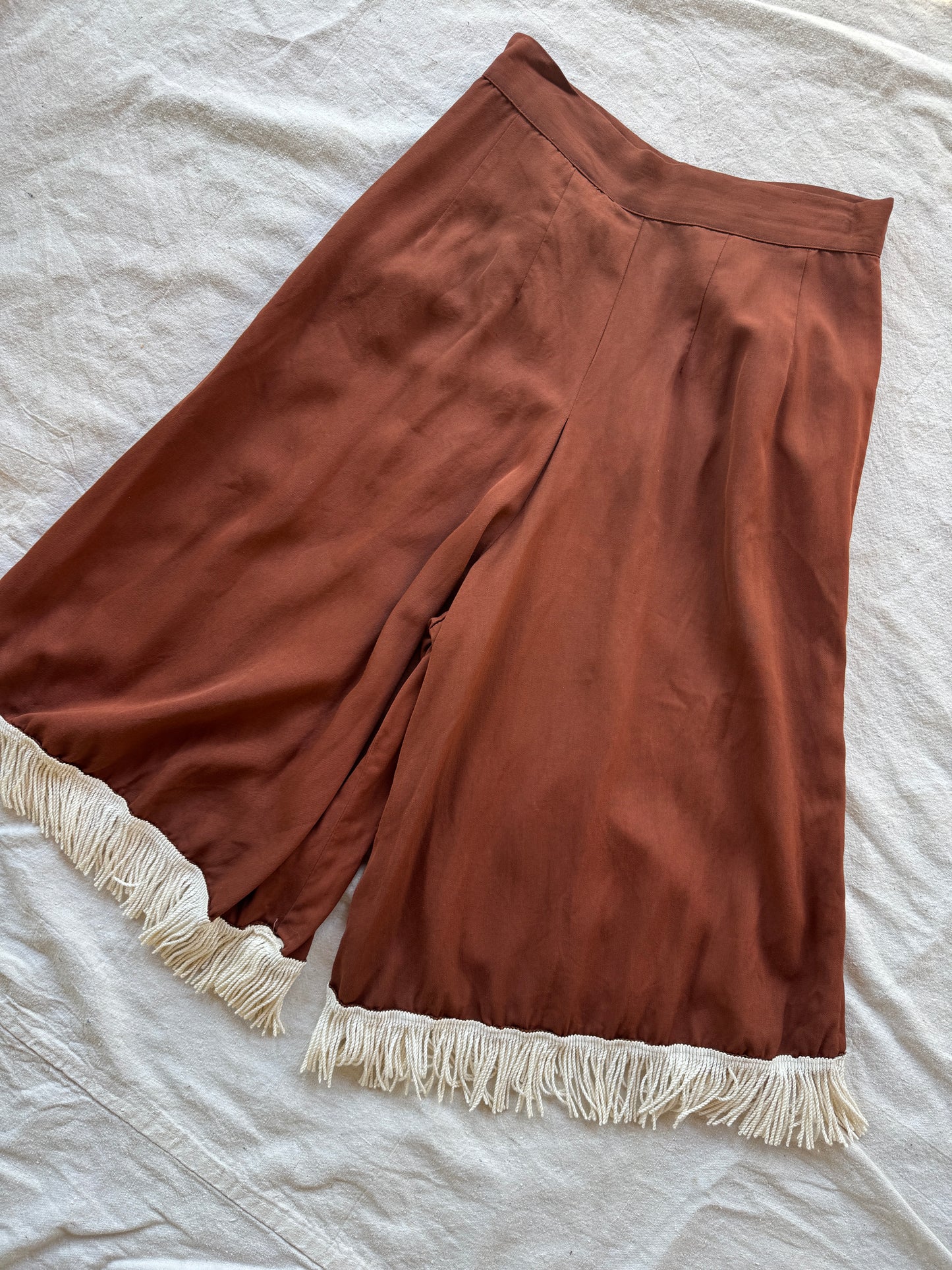 1950s Brown Gabardine Western Fringe Split Skirt Pants- 28” Waist