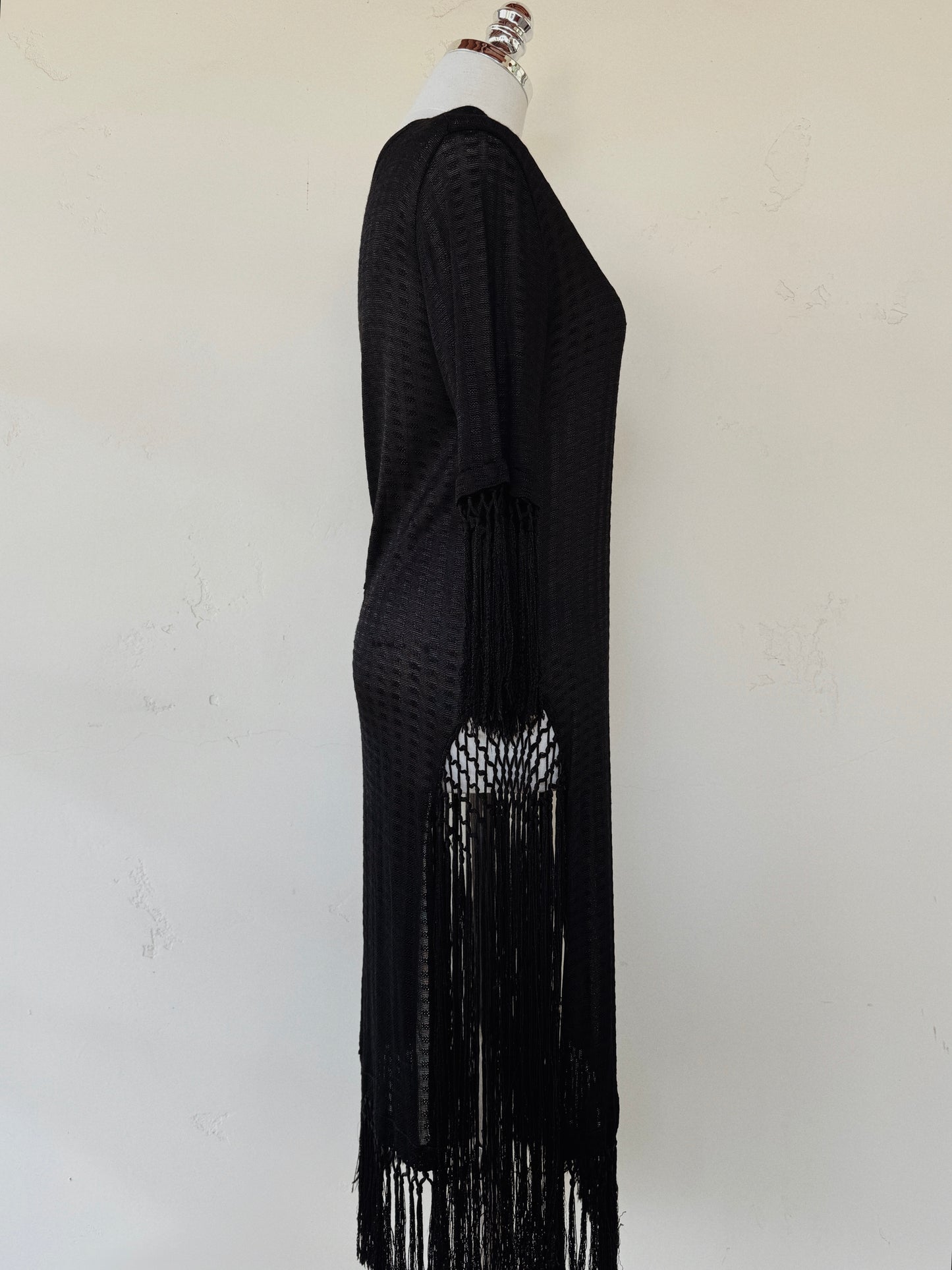 1920s Black Knit Rayon Jersey Fringe Dress- S/M