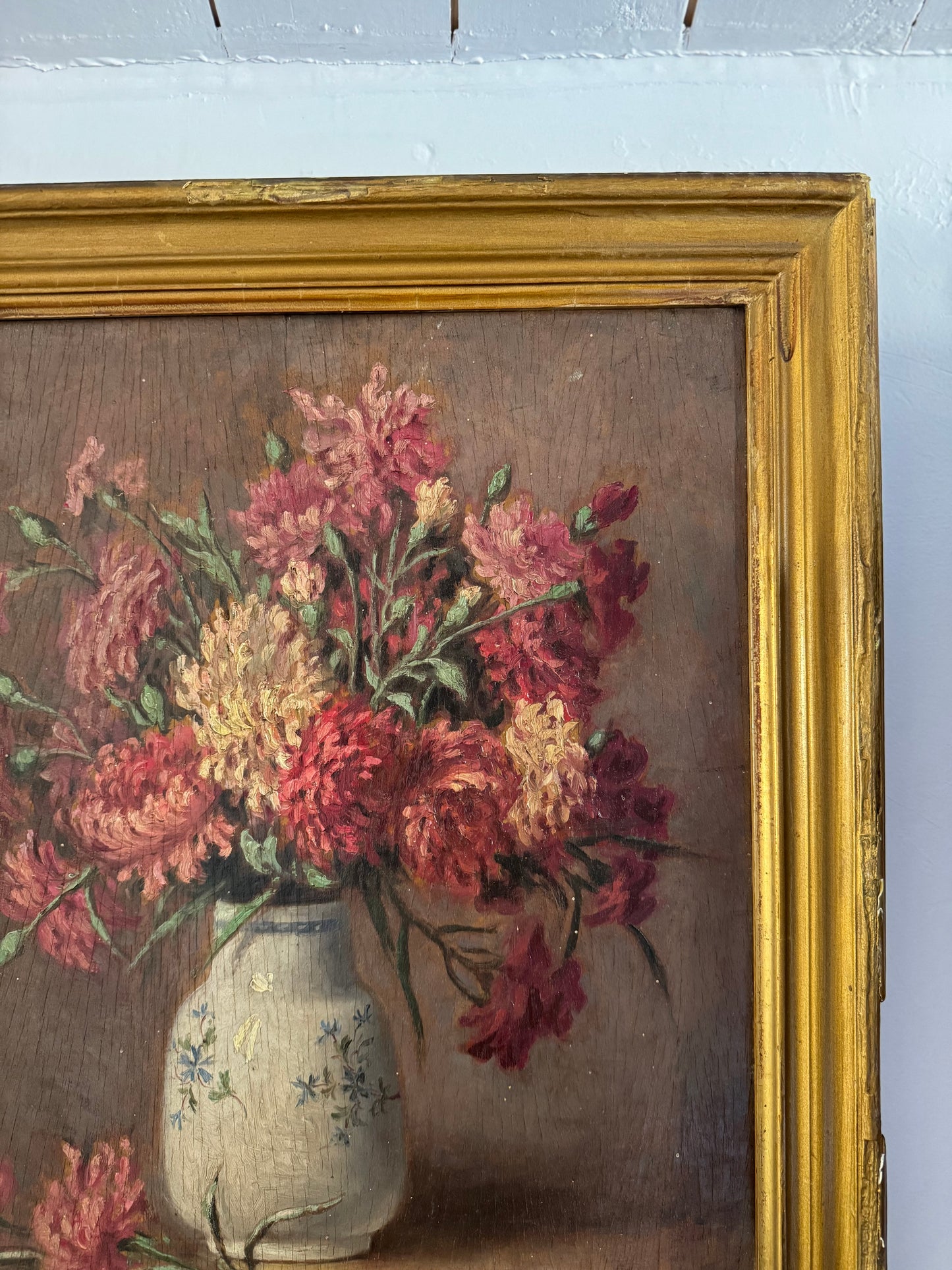 1920s Floral Still Life in Gilt Frame Oil on Wood- 18 x 16”