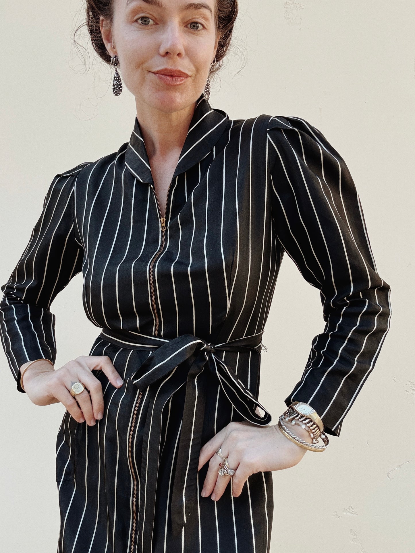 1940s Black Pinstripe Zipper Front Dressing Gown- S/M