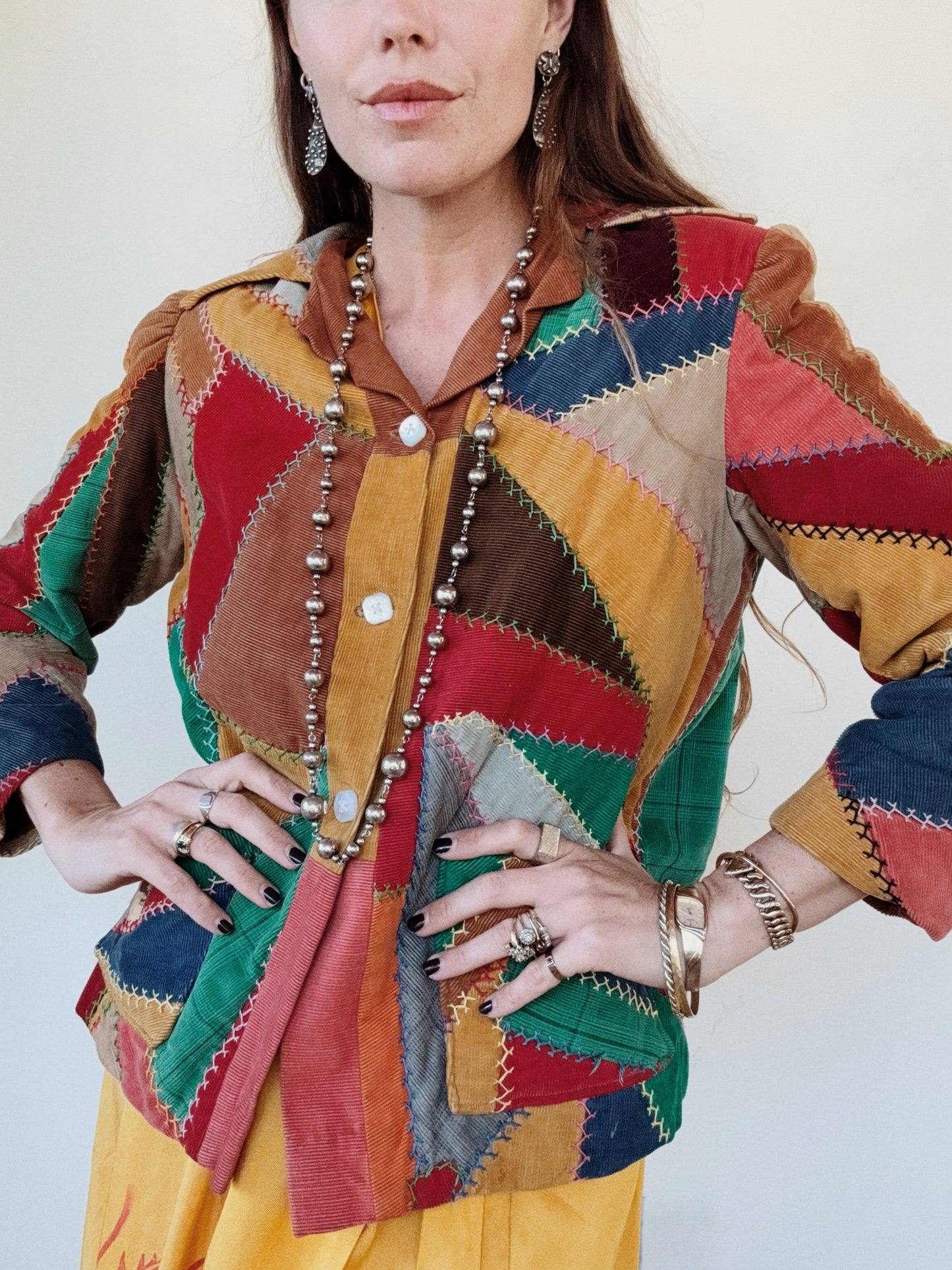 1940s Corduroy Crazy Quilt Jacket w/ Puffed Shoulders- S-M
