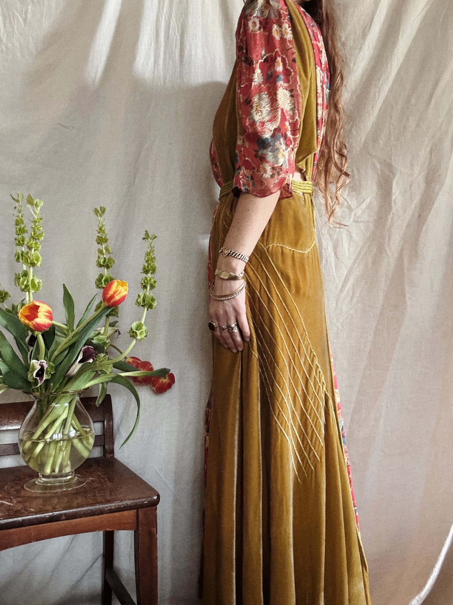 1930s Medieval Golden Velvet + Red Floral Lamé Gown- S/M