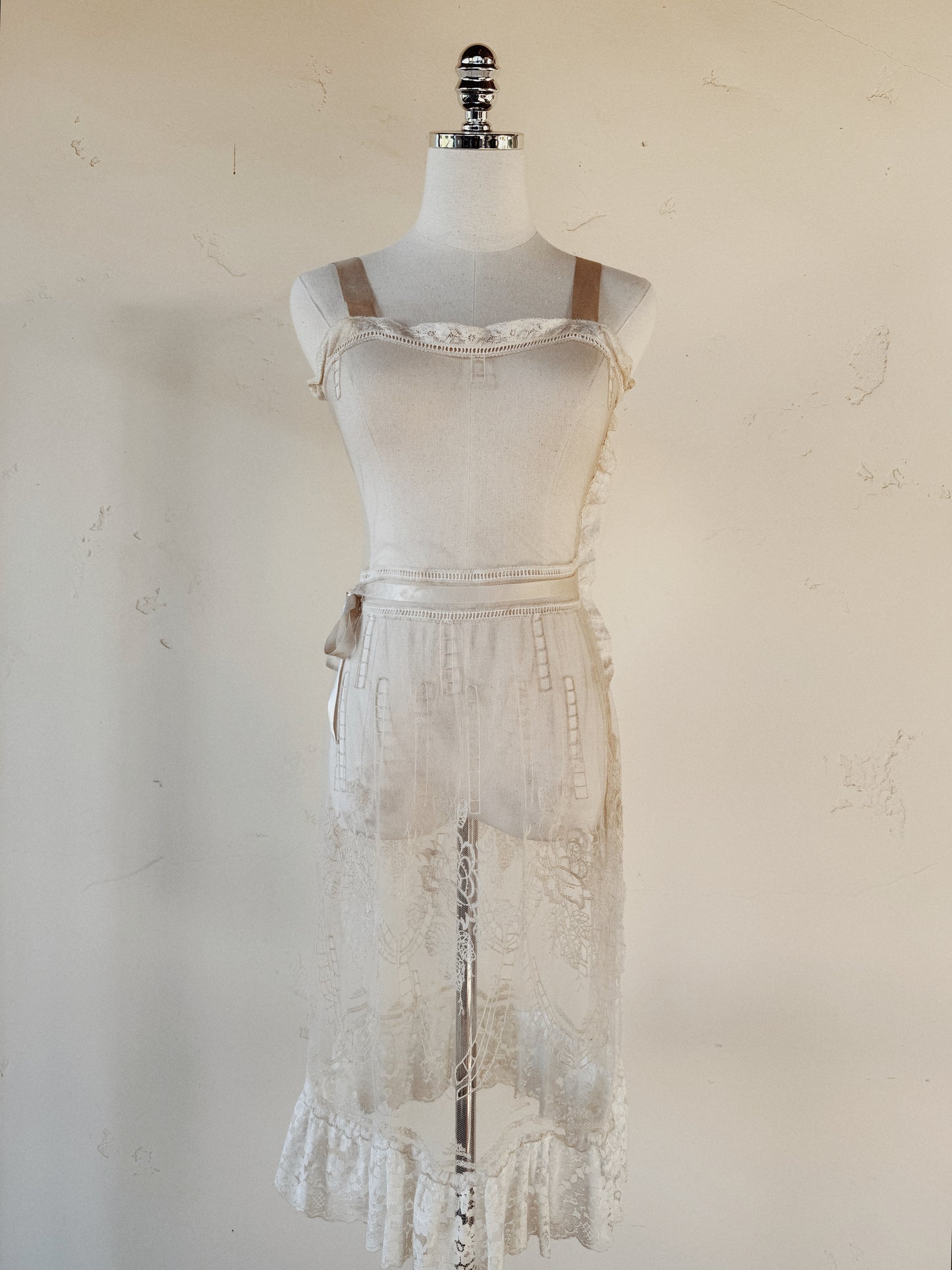 1930s White Net + Lace Dress w/ Silk Ribbon- XS/S