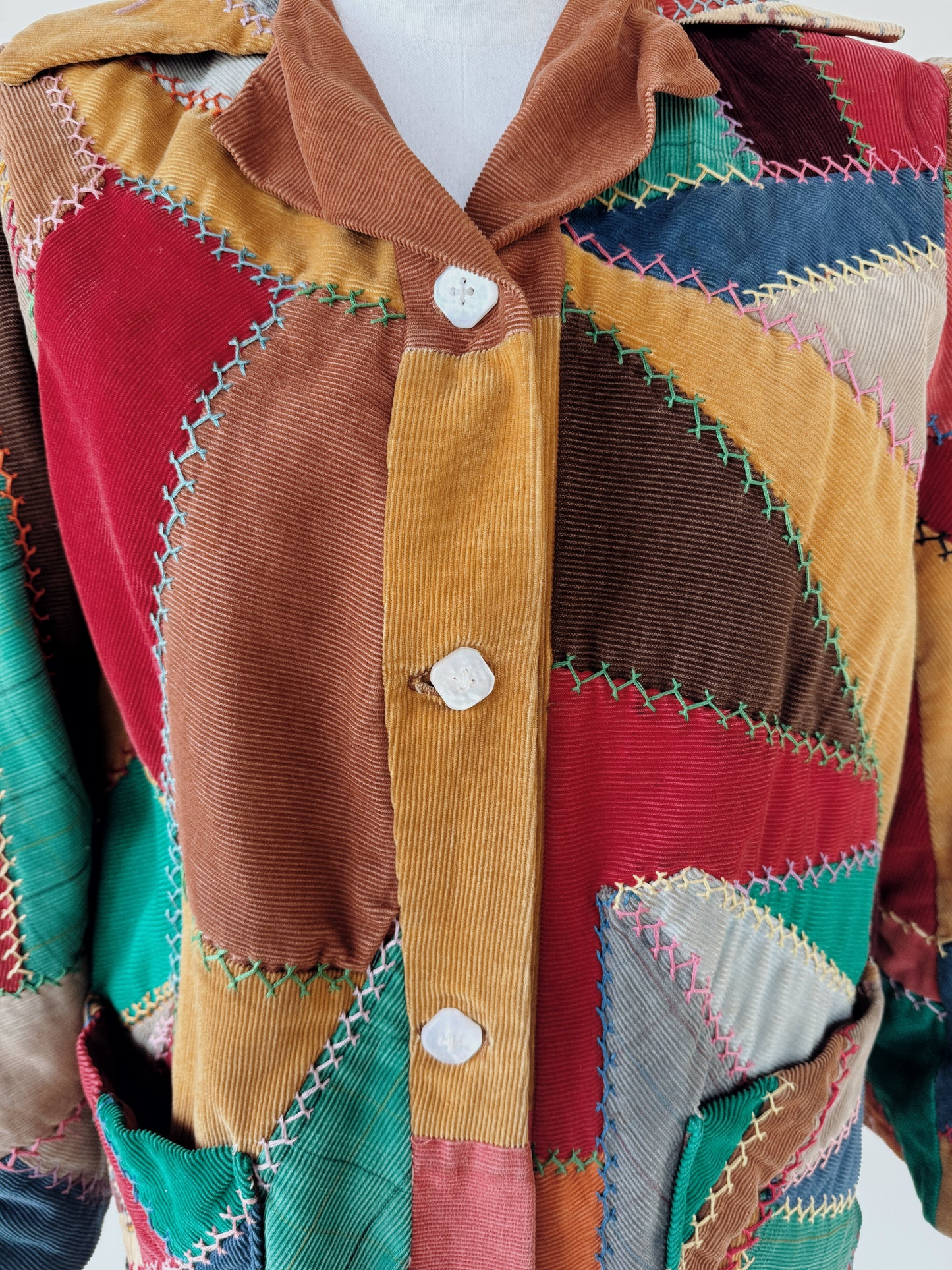 1940s Corduroy Crazy Quilt Jacket w/ Puffed Shoulders- S-M