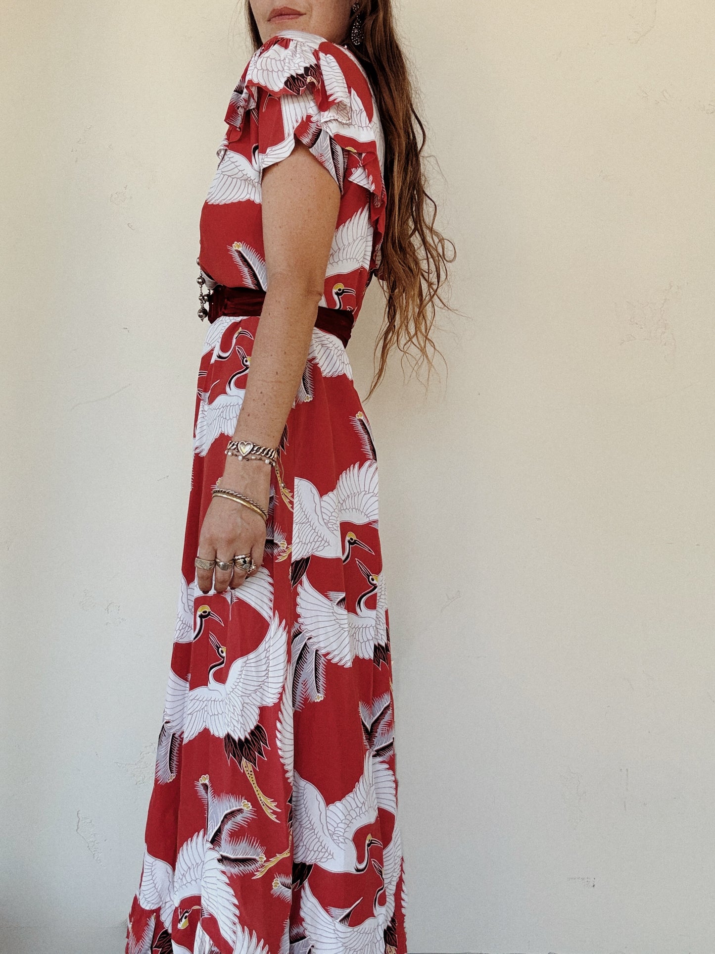 1940s Rare Red Crane Hawaiian Cold Rayon Dress- L