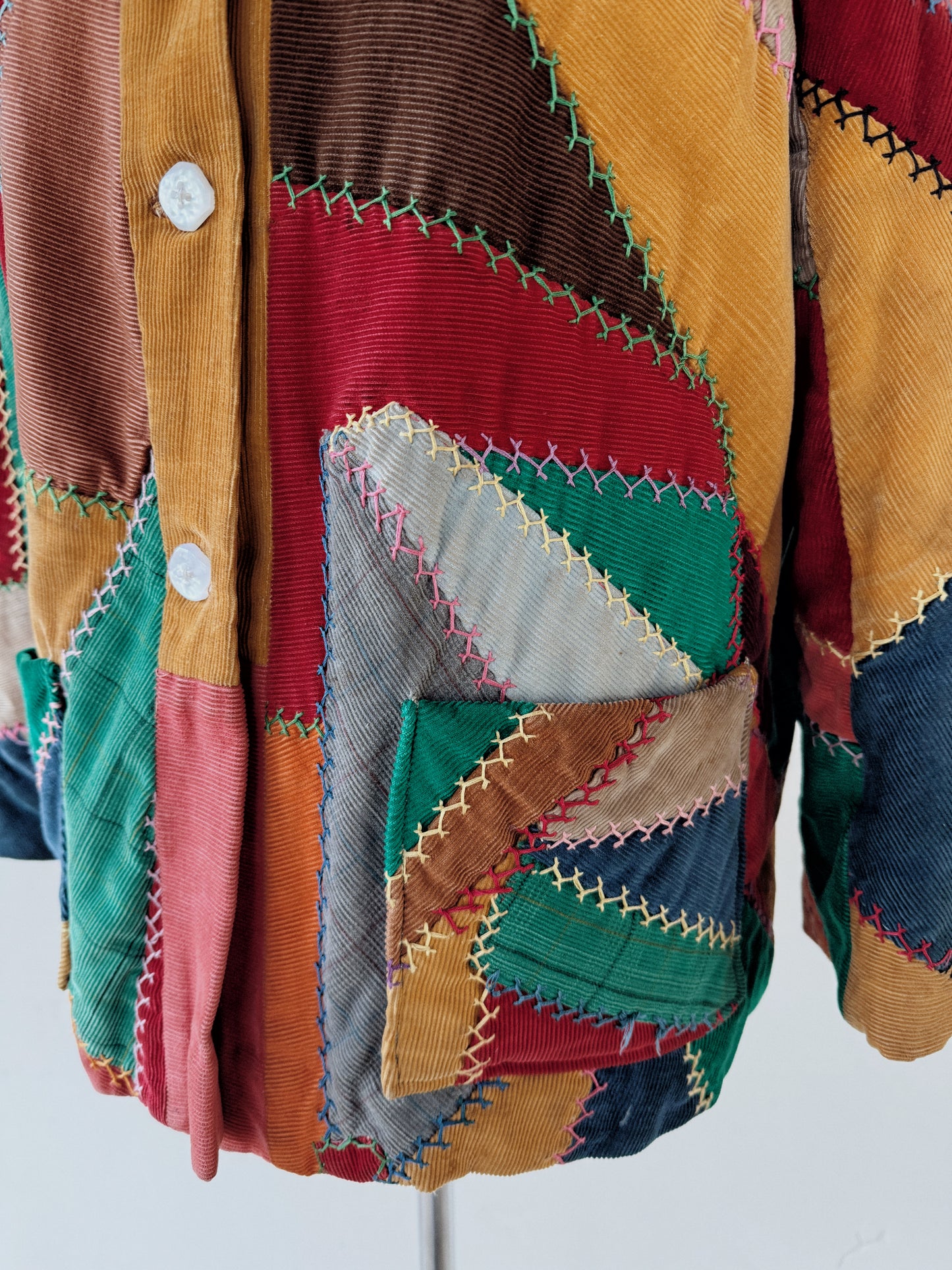 1940s Corduroy Crazy Quilt Jacket w/ Puffed Shoulders- S-M