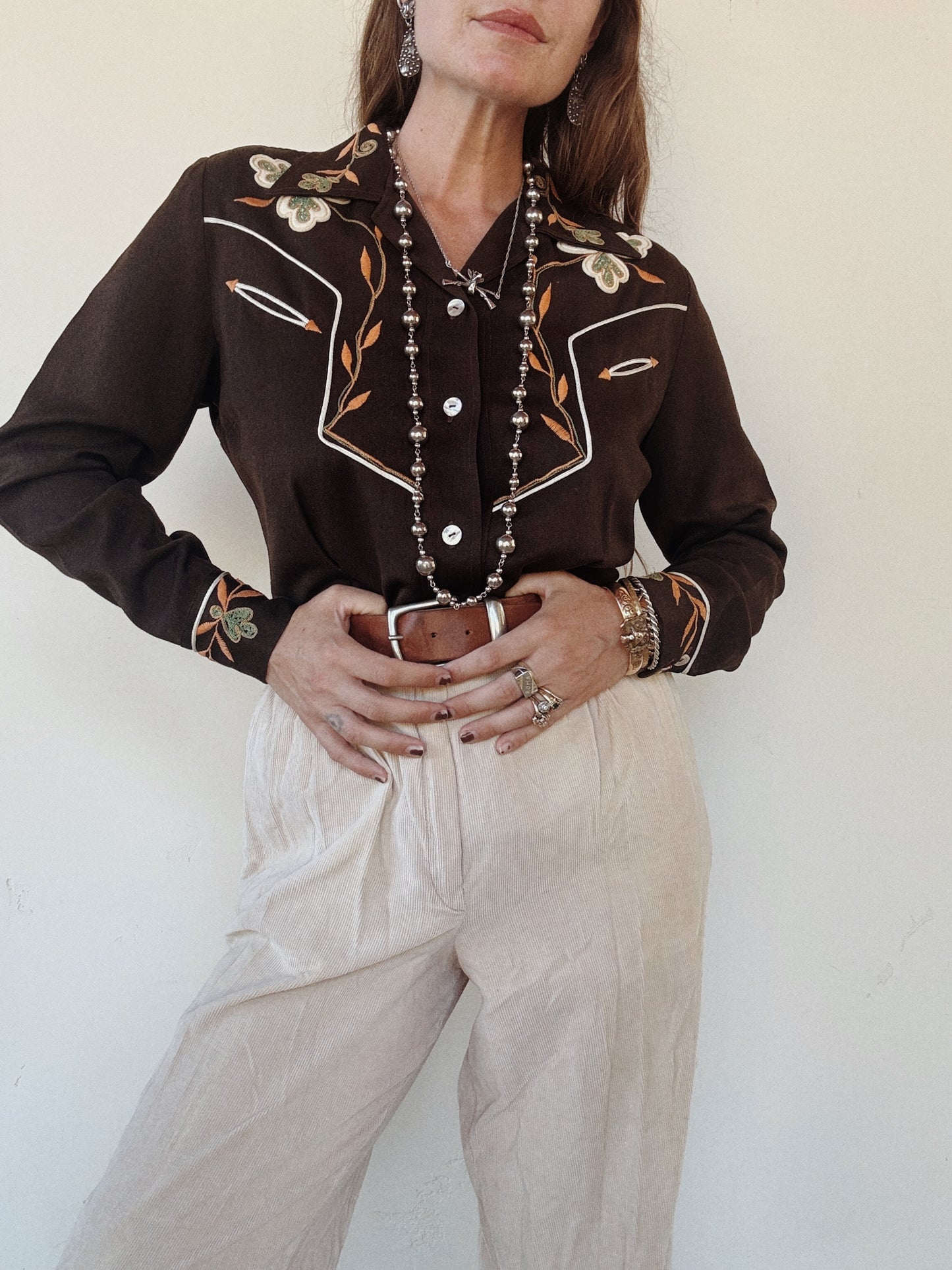 1940s/50s Chocolate Western Blouse w/ Orange + Mint Chain Stitching- M